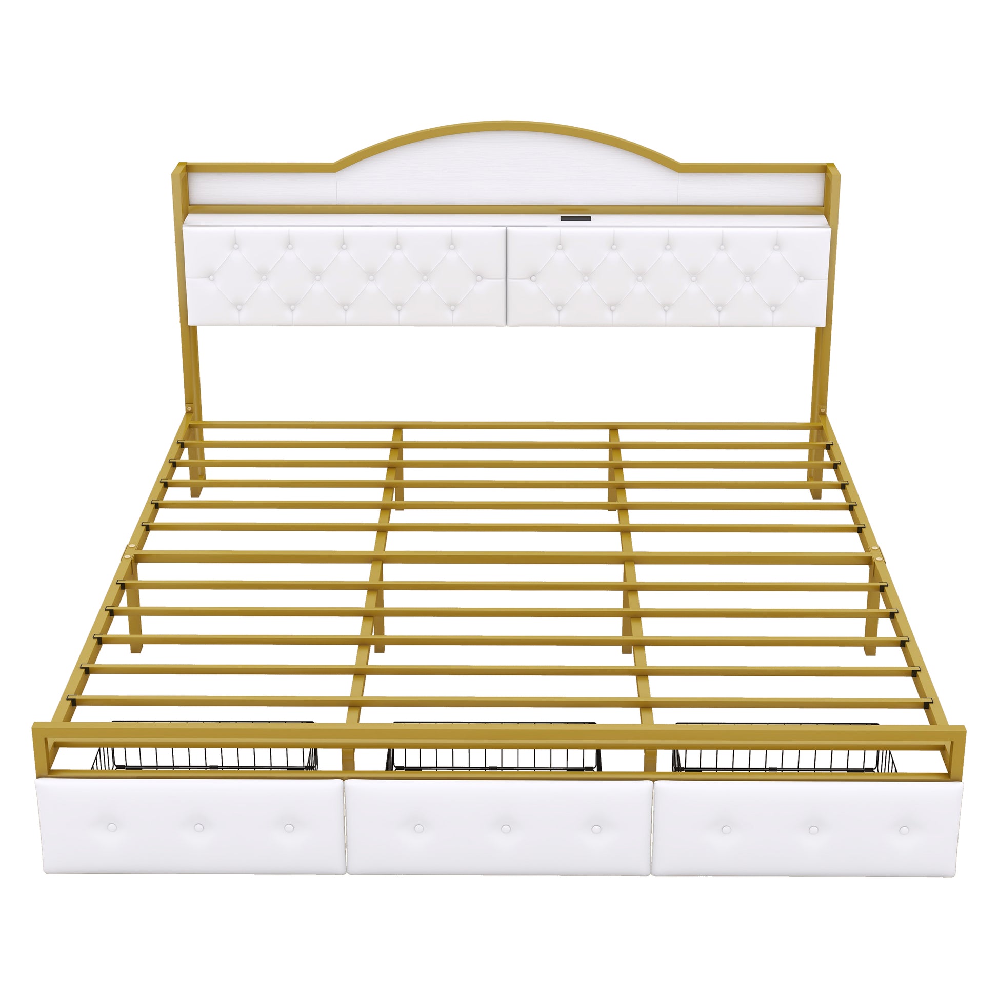 Metal Platform Bed With 3 Drawers, Storage Headboard, King, Gold King Gold White Fabric Metal