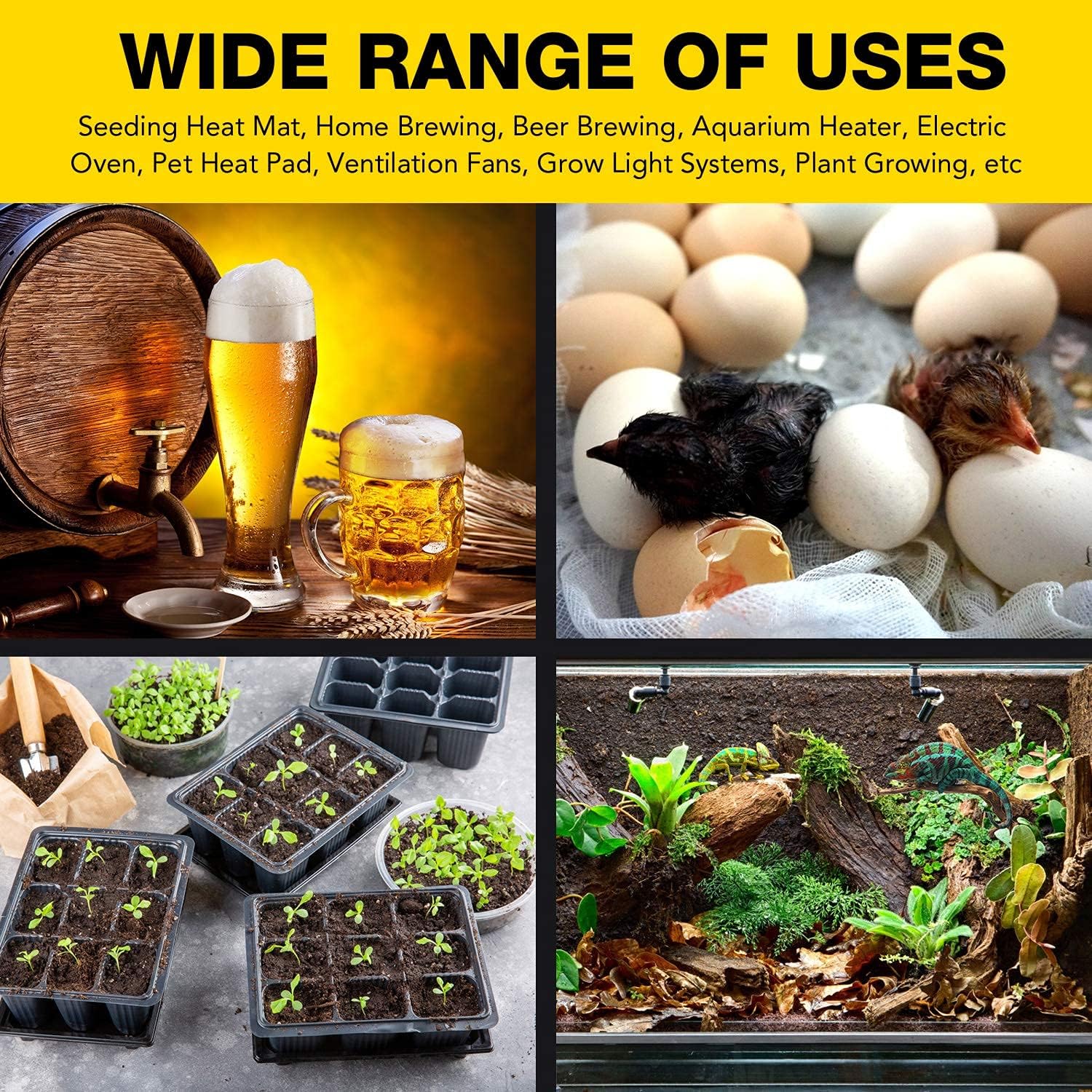 Professional Digital Heating And Cooling Temperature Controller For Seed Germination, Reptiles And Brewing Breeding Fermenter Greenhouse, Grow Tent, 1875W Black Ceramic Tile Iron