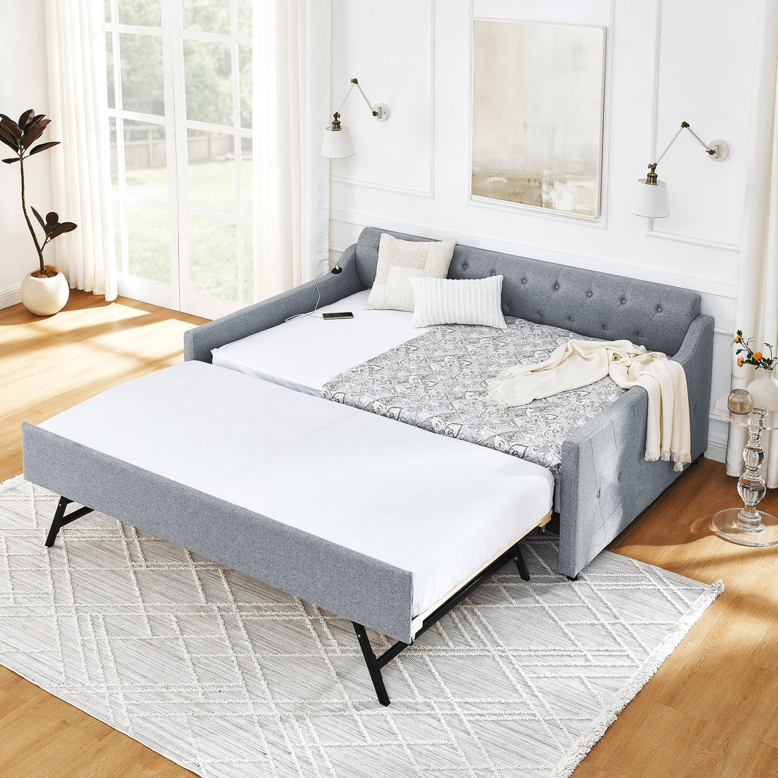 Full Size Upholstery Daybed With Twin Size Erectable Trundle And Usb Charging Design, Linen Grey Box Spring Not Required Full Grey Linen Linen