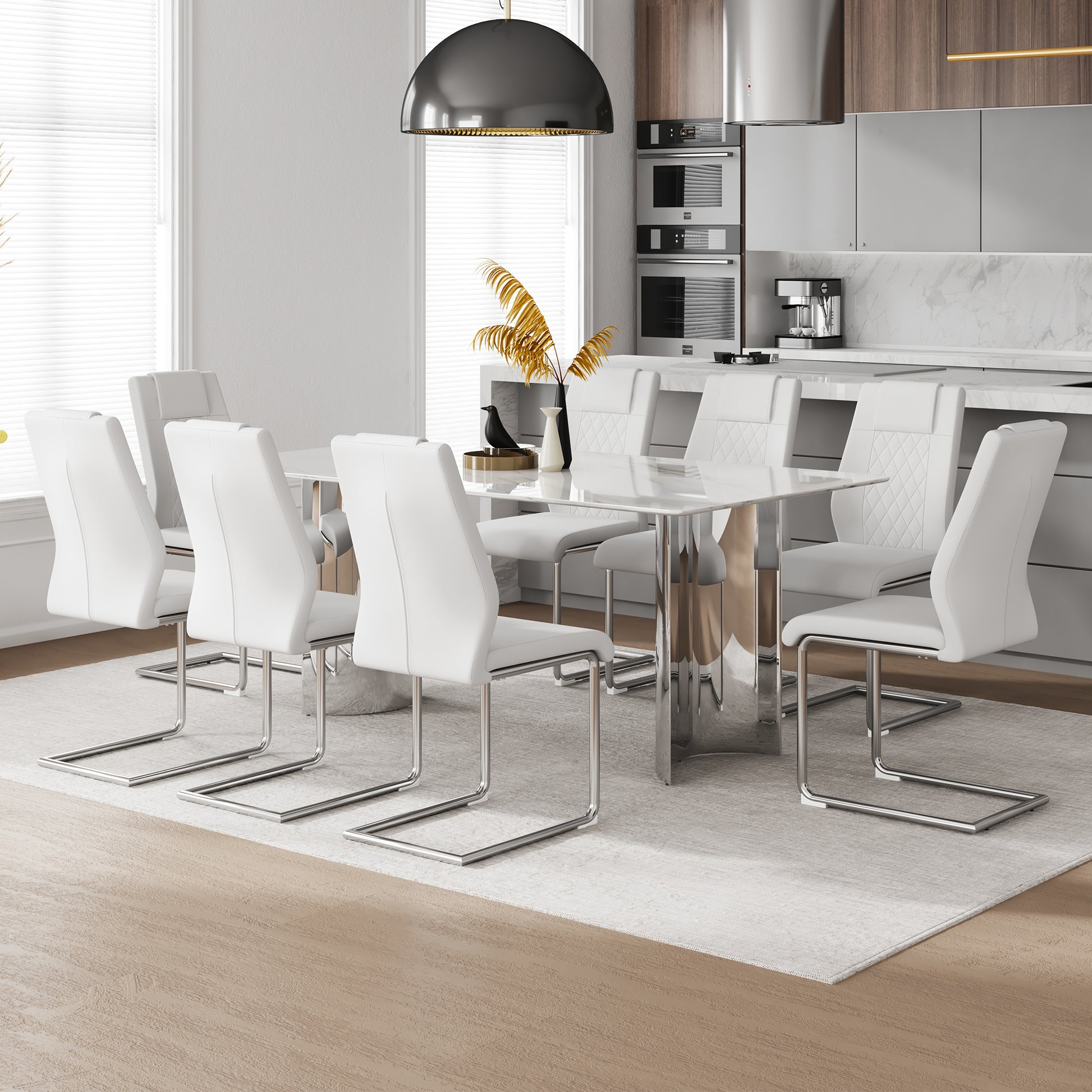 Table And Chair Set, Modern And Minimalist Dining Table. Imitation Marble Glass Sticker Desktop, Stainless Steel Legs, Stable And Beautiful. Comfortable Pu Seats. Dt 69 White Silver Glass