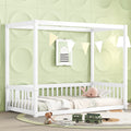 Twin Size Canopy Frame Floor Bed With Fence, Guardrails,White Twin White American Design Pine