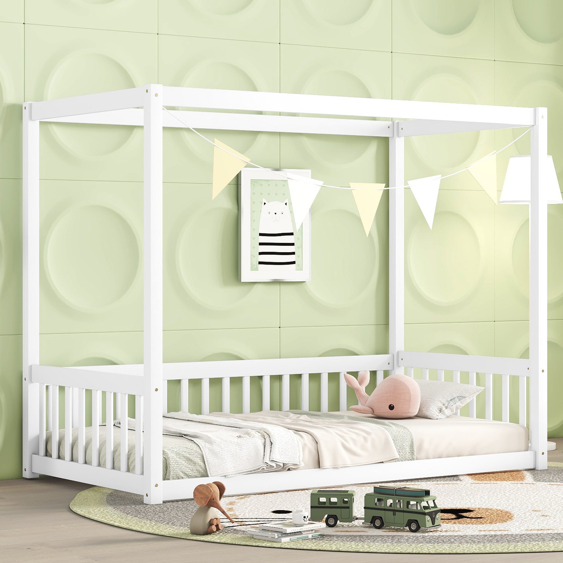 Twin Size Canopy Frame Floor Bed With Fence, Guardrails,White Twin White American Design Pine