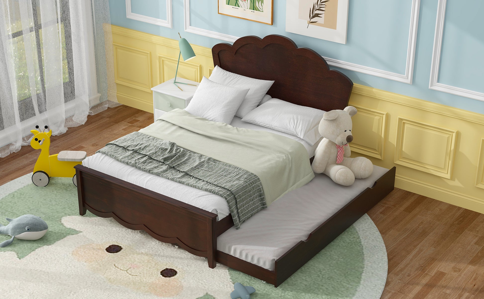 Full Size Wood Platform Bed With Headboard And Twin Size Trundle, Cappuccino Box Spring Not Required Full Cappuccino Wood Bed Frame Solid Wood Mdf