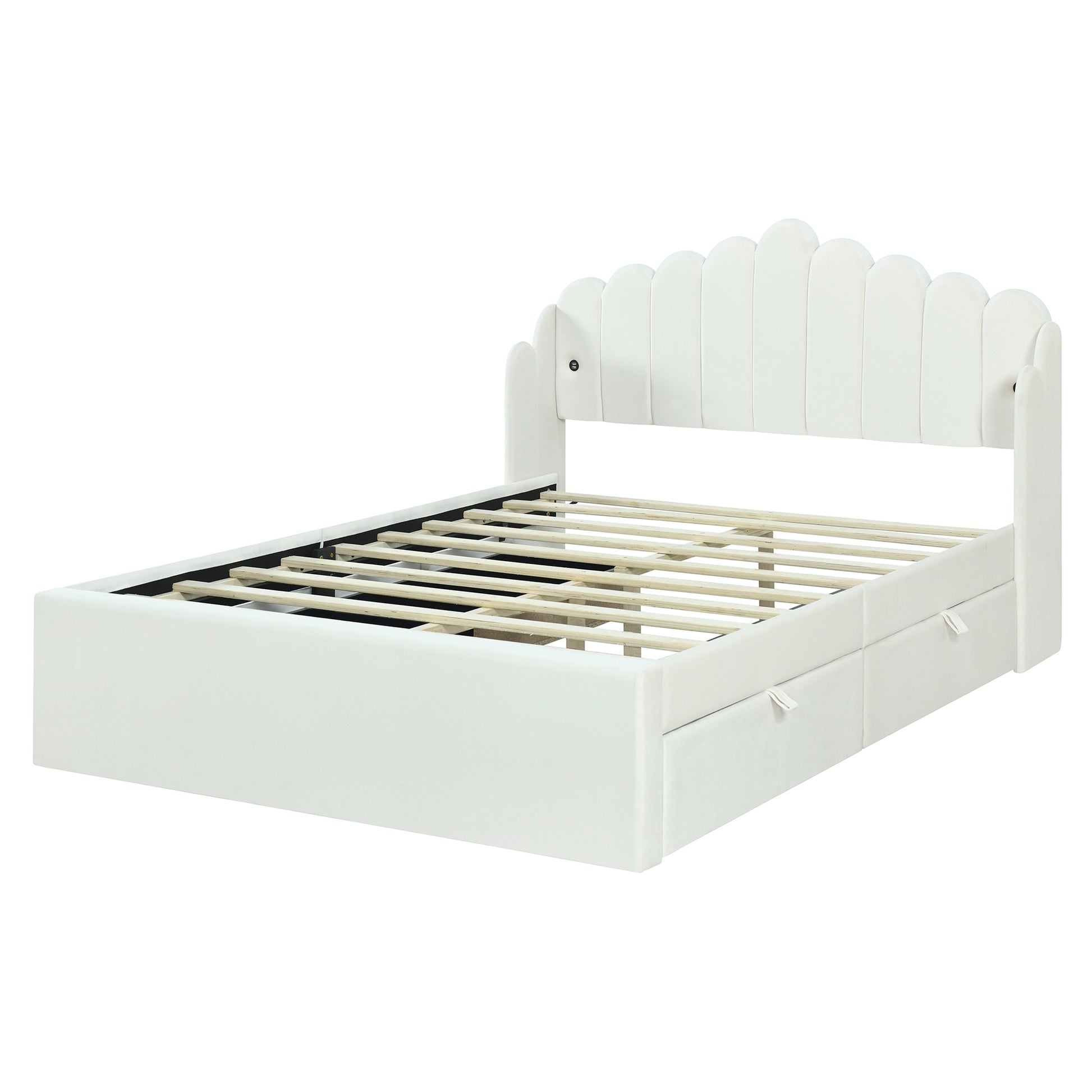 Full Size Upholstered Platform Bed With 4 Drawers And 2 Usb, Beige Box Spring Not Required Full Beige Wood Bedroom Bed Frame Polyester Upholstered