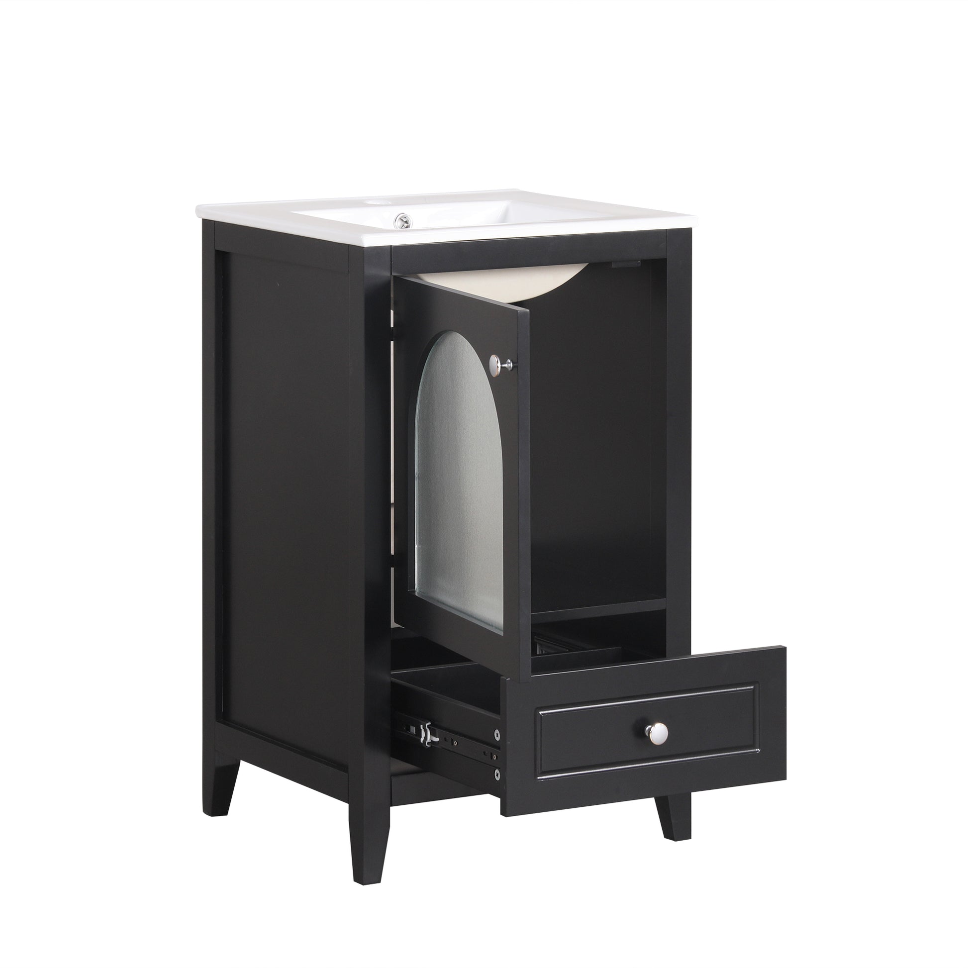 20" Bathroom Vanity With Sink, Bathroom Cabinet With Soft Closing Glass Door, A Drawer, Black Black Mdf
