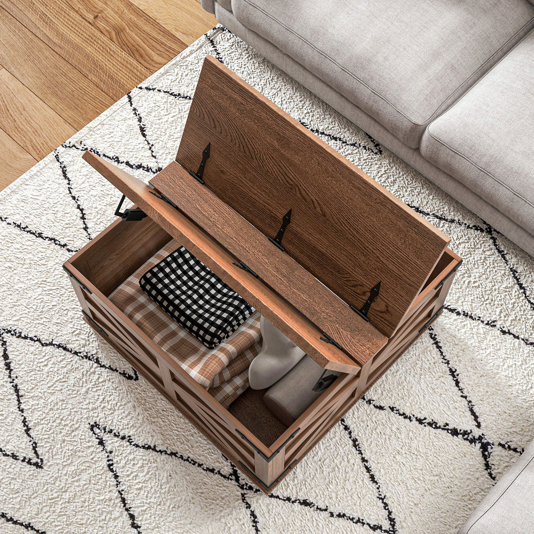 Homcom Farmhouse Coffee Table With Storage, Center Table With Hinged Lift Top And Hidden Space, Square Coffee Table For Living Room, Distressed Brown Brown Particle Board