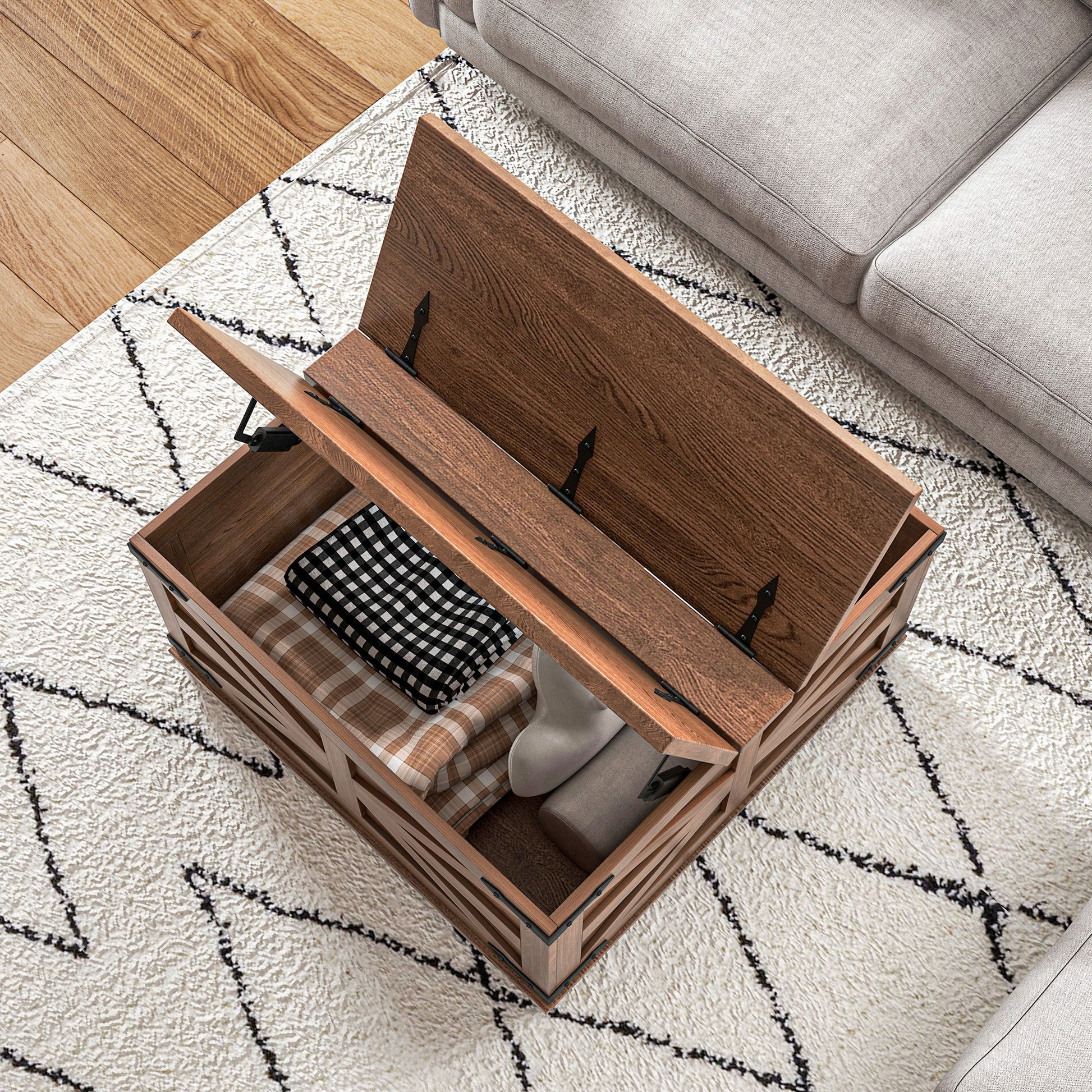 Homcom Farmhouse Coffee Table With Storage, Center Table With Hinged Lift Top And Hidden Space, Square Coffee Table For Living Room, Distressed Brown Brown Particle Board