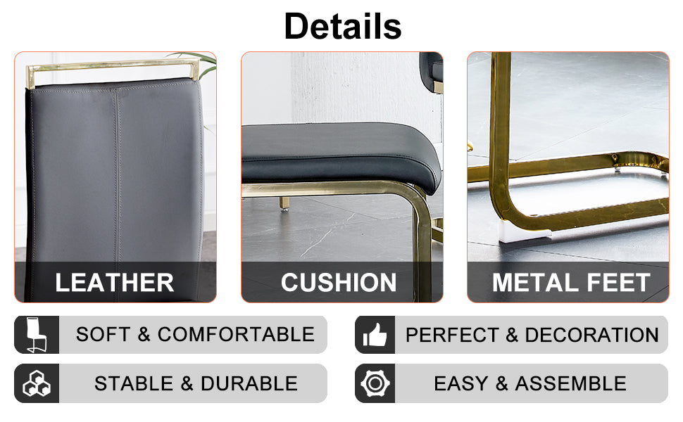 Table And Chair Set, The Table Is Equipped With A Marble Patterned Mdf Tabletop And Gold Table Legs.The Chair Is Equipped With Pu Synthetic Leather High Back Cushion And Gold Coated Metal Legs. Grey Gold Seats 4 Mdf Metal