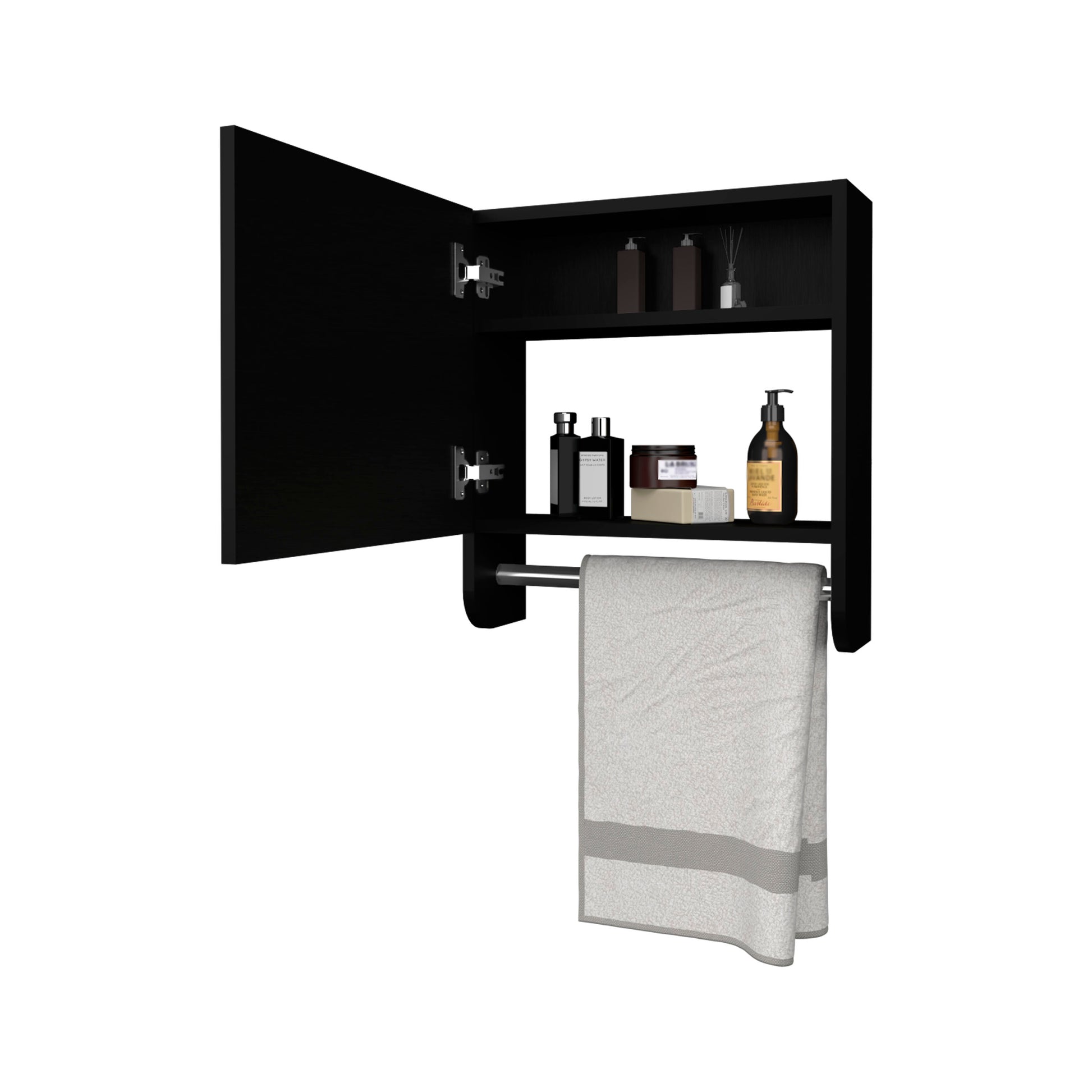 Pine Medicine Cabinet In Melamine With A Towel Bar And Included Mirror, Black Black 1 2 Mirror Included Bathroom Wall Mounted Modern Particle Board Melamine