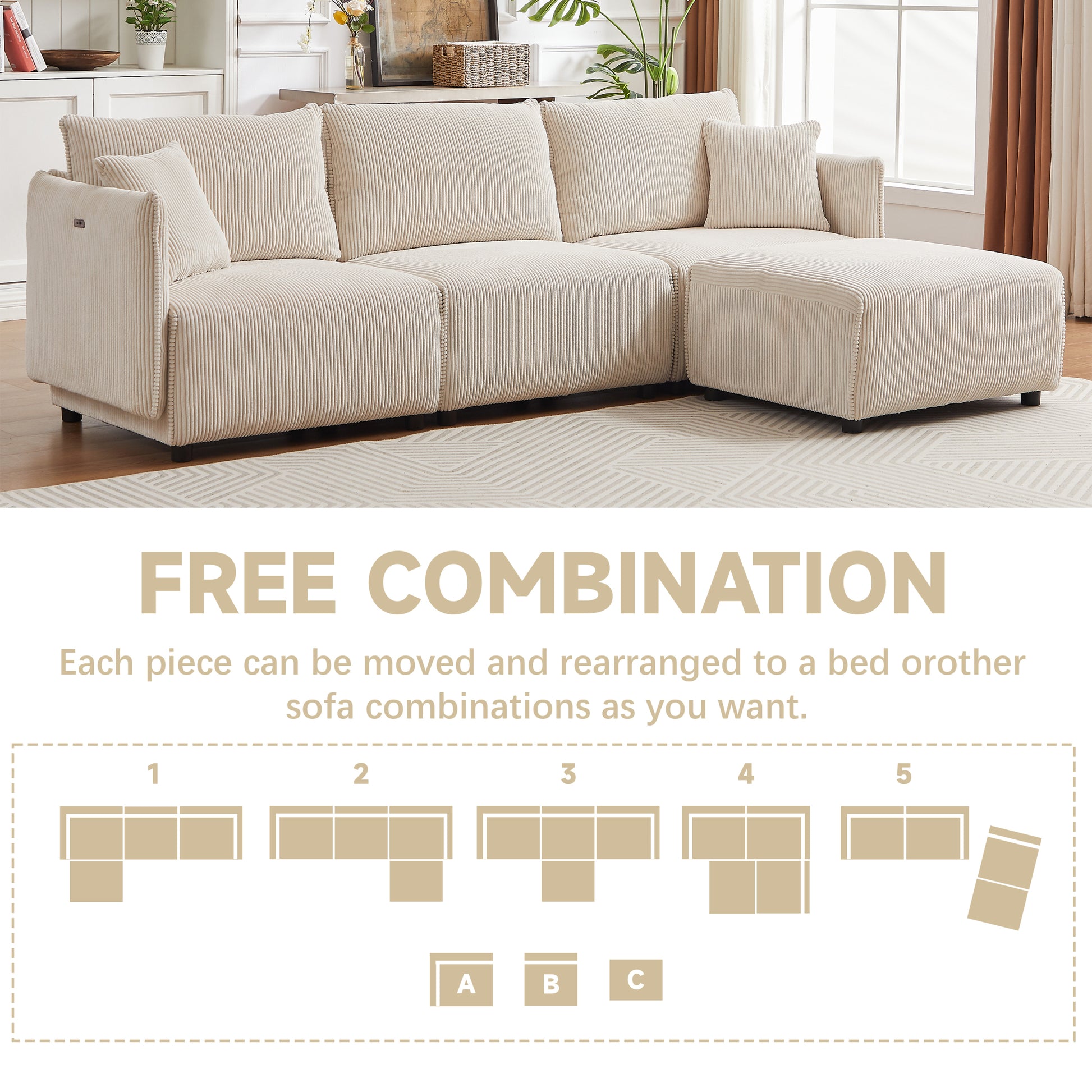 106" Multi Module Combination Style Sofa For Living Room, Bedroom And Other Lounge Spaces, Modern Minimalist Corduroy Combination Sofa With 2 Comfort Cushions With Usb & C Charging Ports,Beige Beige Foam Fabric 4 Seat