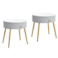 19.6'' Easy Assembly End Tables With High Gloss Faux Marble Tabletops, Set Of 2, Modern Fluted 2 Side Tables With Drawers, Round Coffee Tables With Golden Legs For Living Room, Grey Grey Gold Primary Living Space Drawers Round Mdf Iron