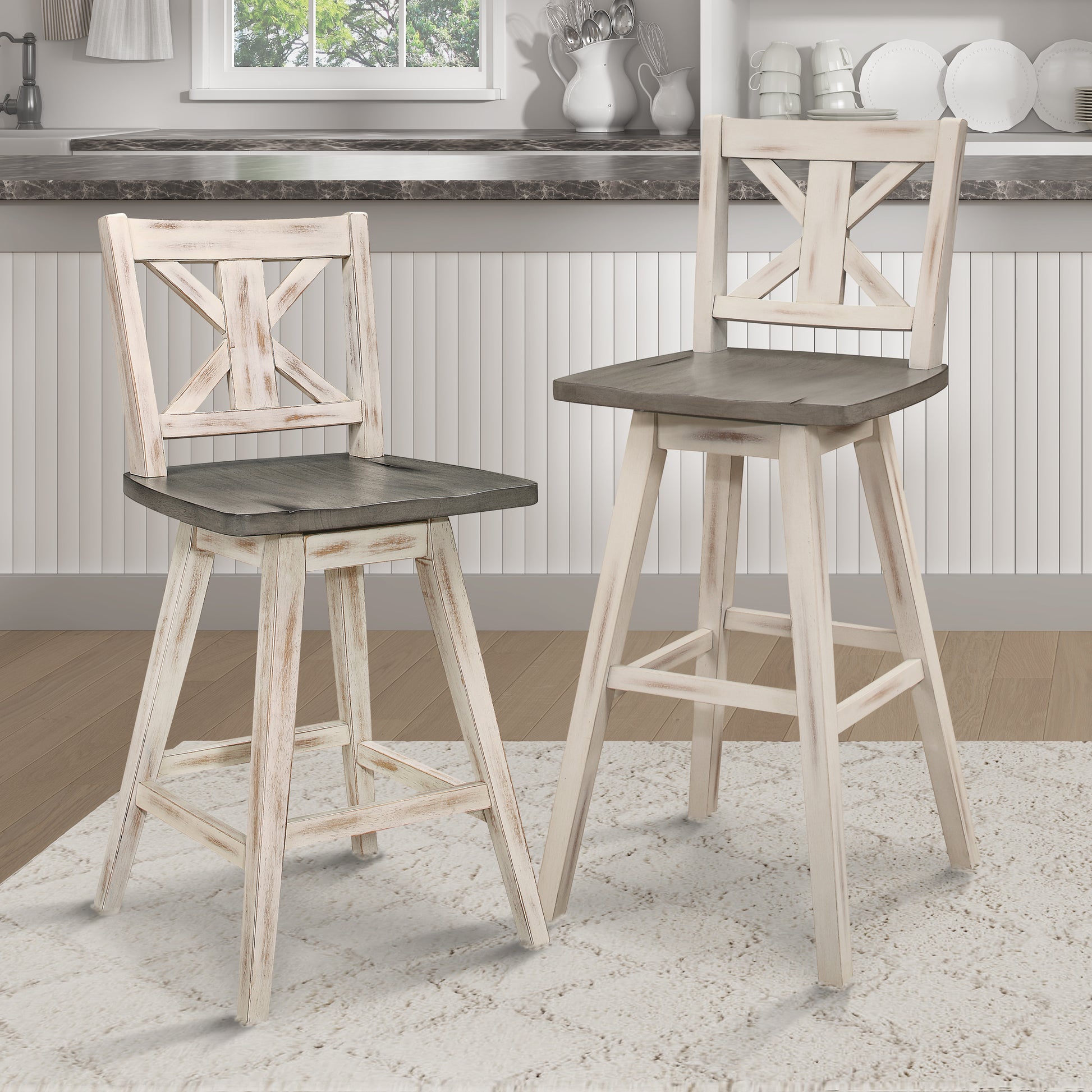 Counter Height Chairs Set Of 2, White Gray 360 Degree Swivel Chair Solid Rubberwood Kitchen Dining Furniture, X Back White Gray Dining Room Rustic Cross Back Solid Wood