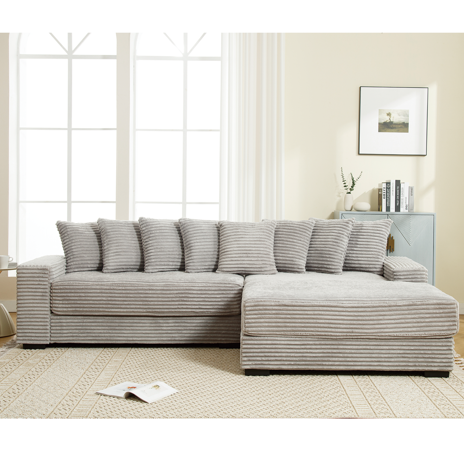 Arrived Oversized Two Piece Couches, L Shaped Sofa, Corduroy, Right Chaise Daybed,With Armrests,Eight Throw Pillows,Corner Sofa,Easy To Assemble, Gray Gray Polyester Wood Primary Living Space Medium Soft Pillow Back Modern Square Arms Wood 3 Seat