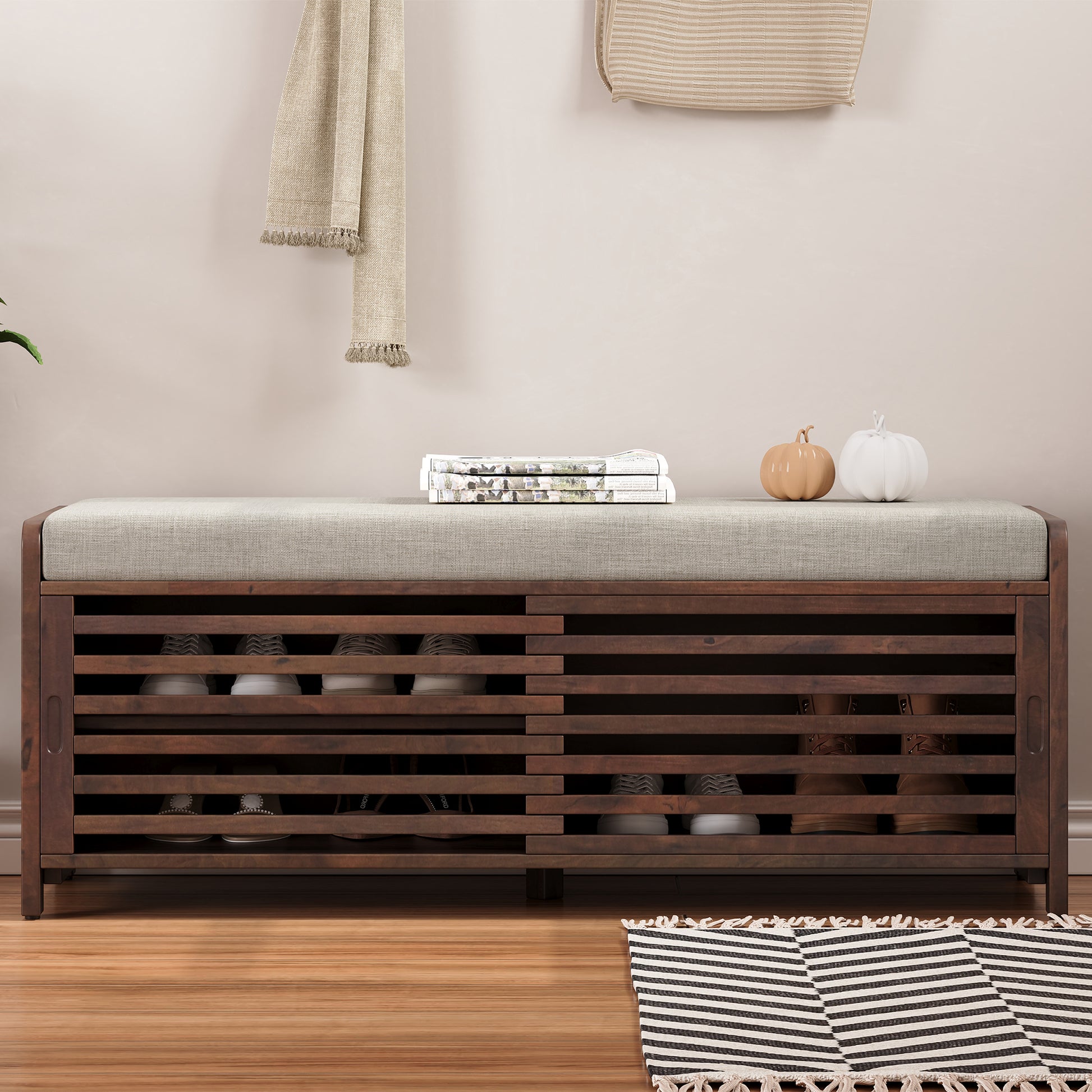 Distressed Shutter Storage Bench With Acacia Veneer For Retro Charm For Living Room, Entryway Espresso Espresso Mdf