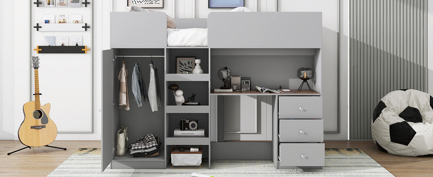 Wood Full Size Loft Bed With Built In Wardrobe, Desk, Storage Shelves And Drawers, Grey Expected Arrival Time: 9.8 Box Spring Not Required Full Grey Wood Bedroom Bed Frame Solid Wood Mdf