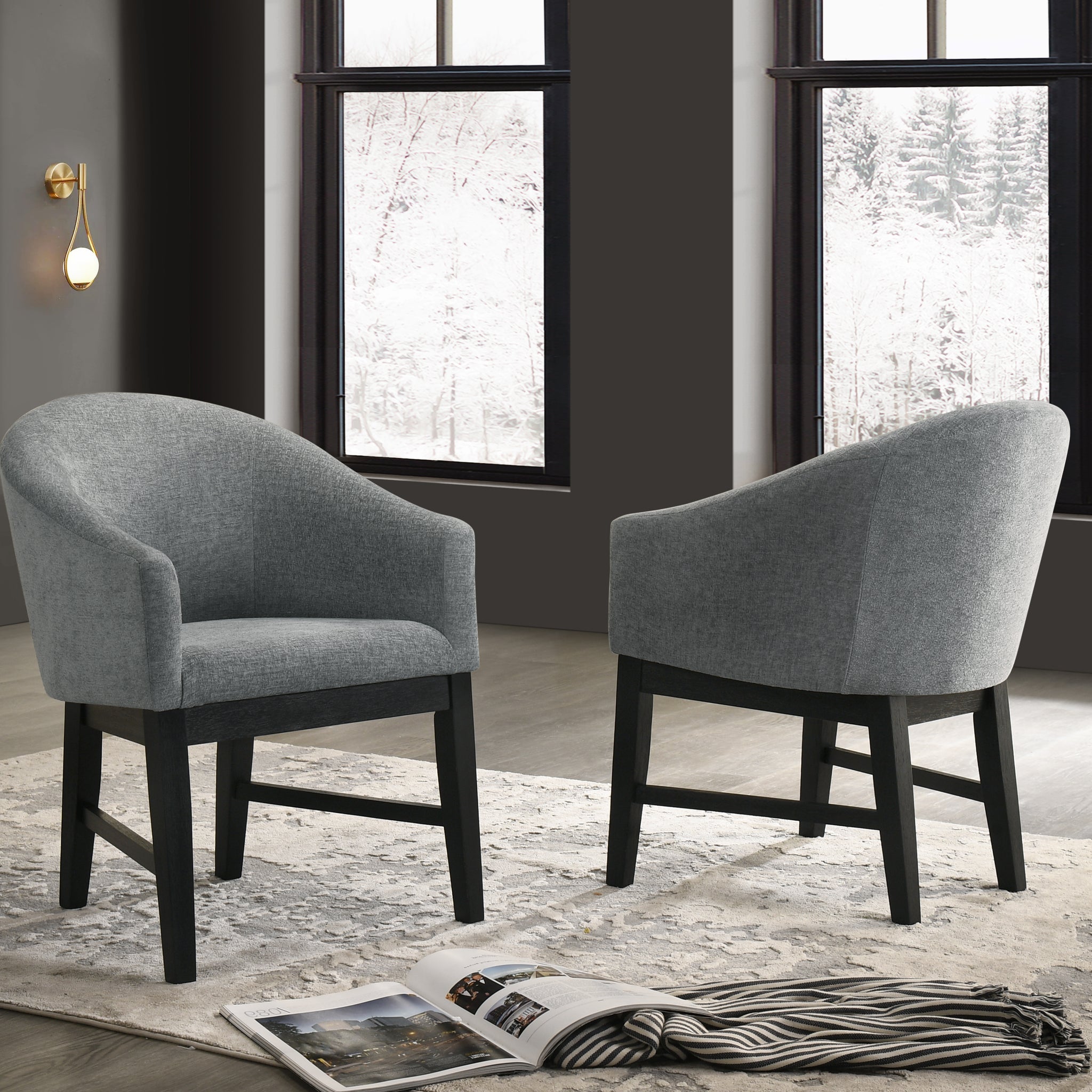 Haven Set Of 2 Gray Fabric Barrel Dining Chair With Black Finish Legs Gray Wood Fabric