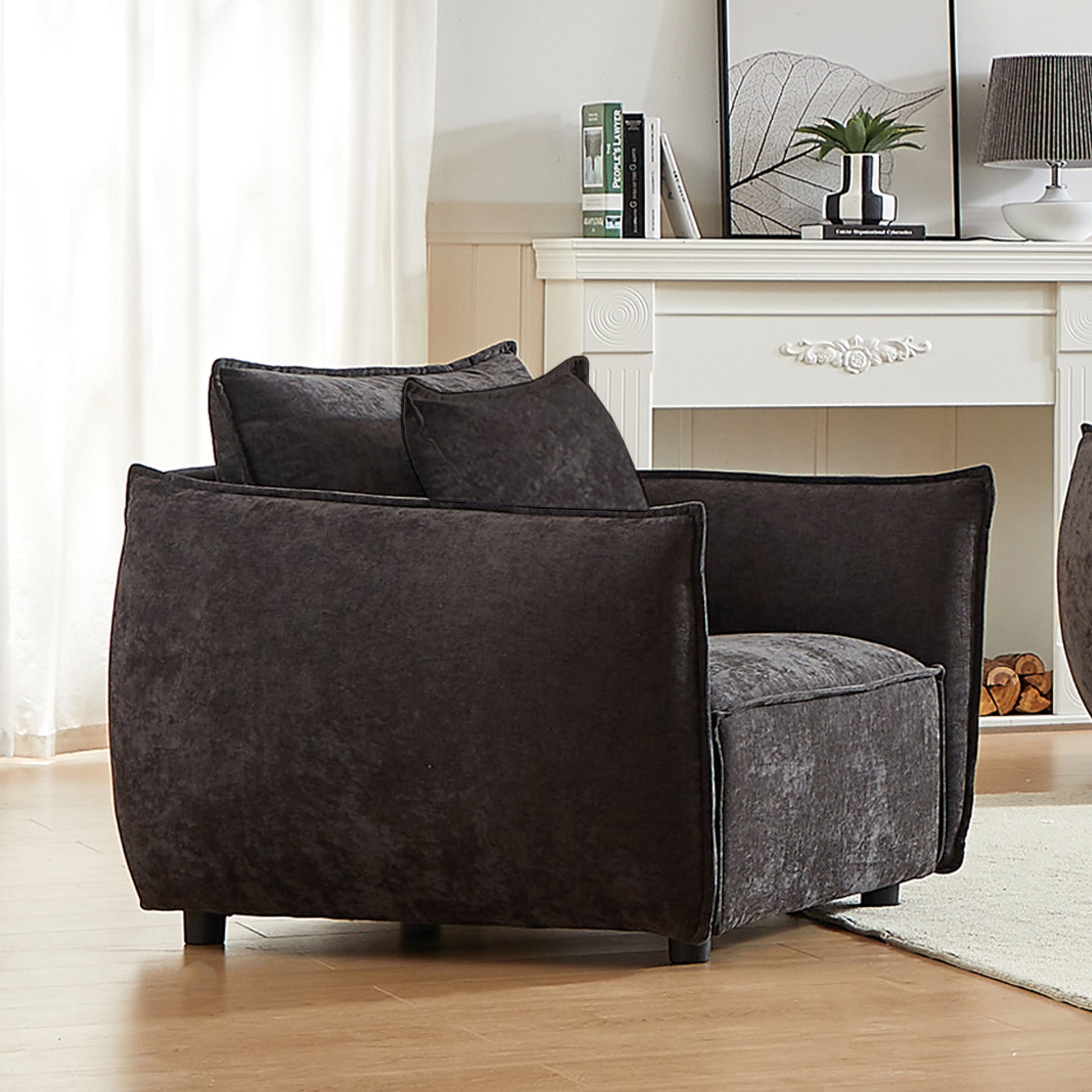 Mh 44" Minimalist Sofa, Living Room Upholstered Armchair Bedroom, Modern Living Room Sofa For Office Room, Living Room Black Chenille Wood Primary Living Space Pine Foam Fabric 1 Seat