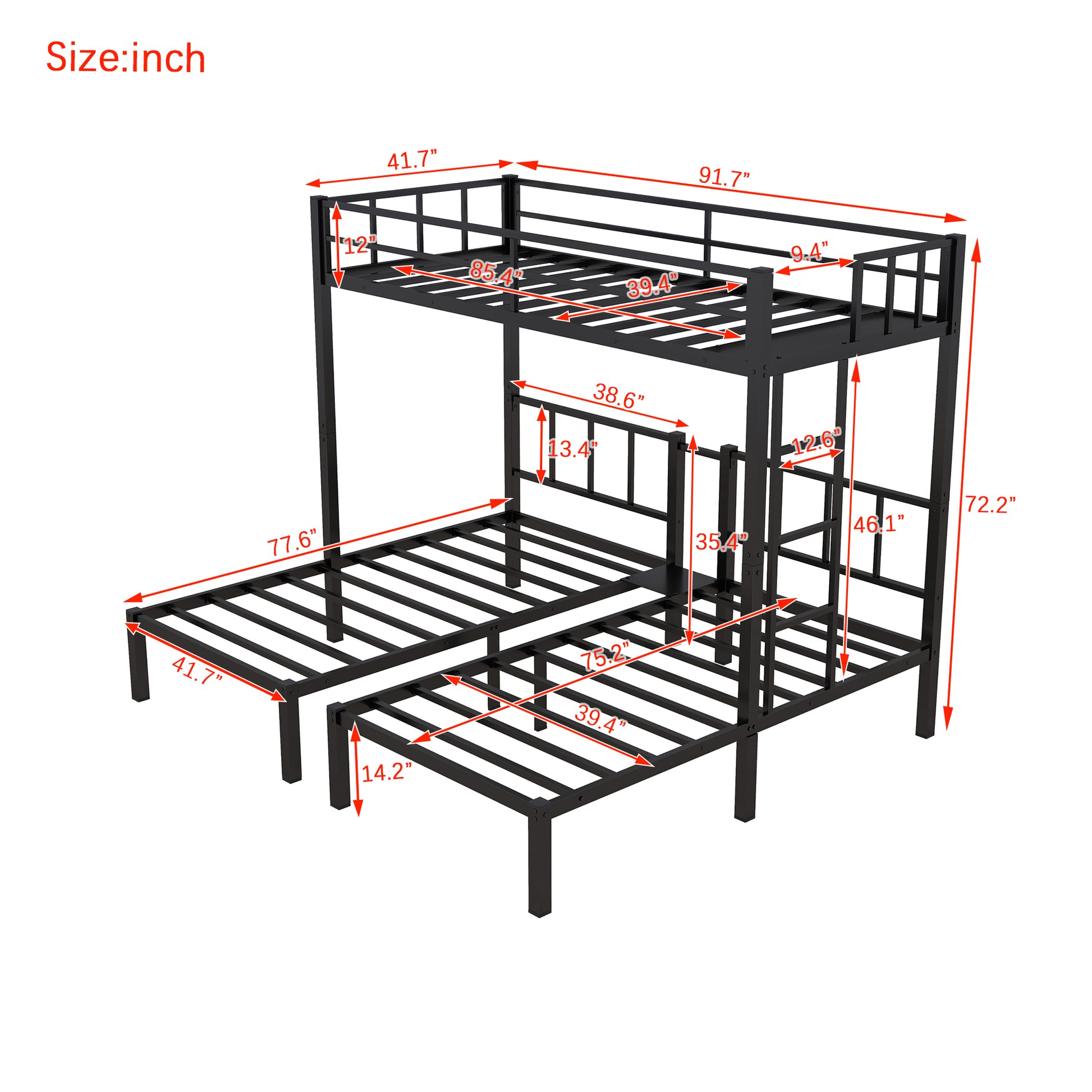Twin Over Twin & Twin Bunk Beds For 3, Twin Xl Over Twin & Twin Bunk Bed Metal Triple Bunk Bed, Black Twin Xl Black Metal