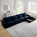 Large L Shape Sectional Corduroy Sofa,Deep Seat Couch With Storage Footstool And 4 Waist Pillows, Blue Blue Corduroy 4 Seat