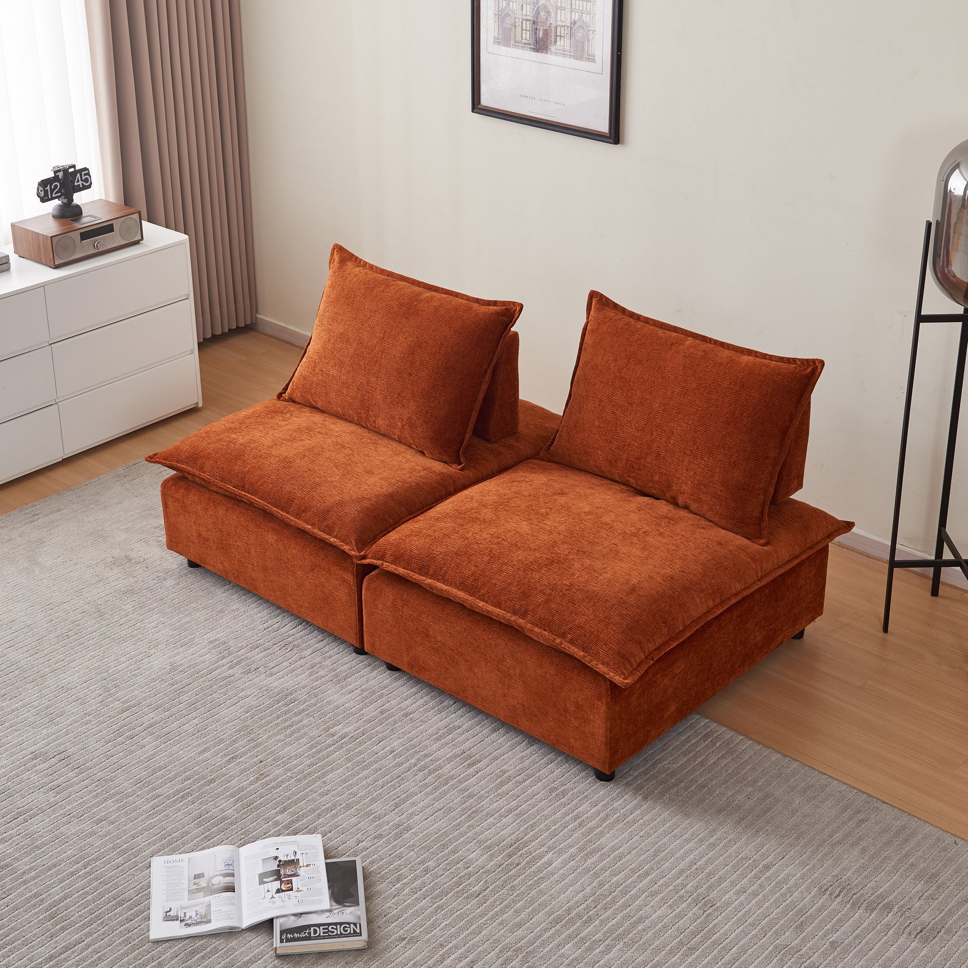 Mid Century Modern 3 Seater Sofa Couch For Living Room Modular Sectional Armless Sofa, Ultra Soft Chenille Fabric, Sturdy Frame, Comfortable And Stylish Furniture Orange Foam Chenille 3 Seat