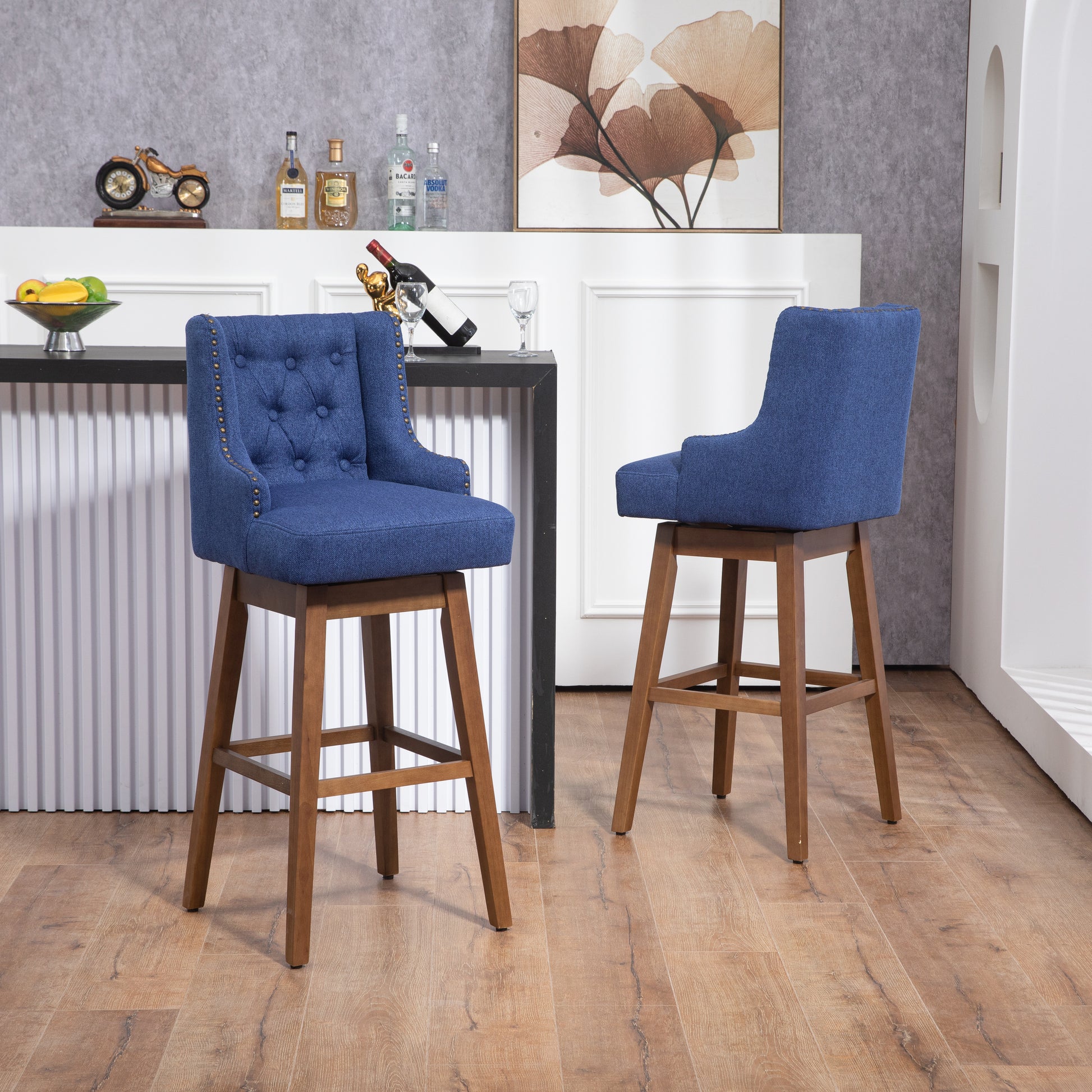 Coolmore Bar Stools Set Of 2 Counter Height Chairs With Footrest For Kitchen, Dining Room And 360 Degree Solid Wood Legs Swivel Bar Stools Set Of 2 Navy Linen Navy Foam Linen