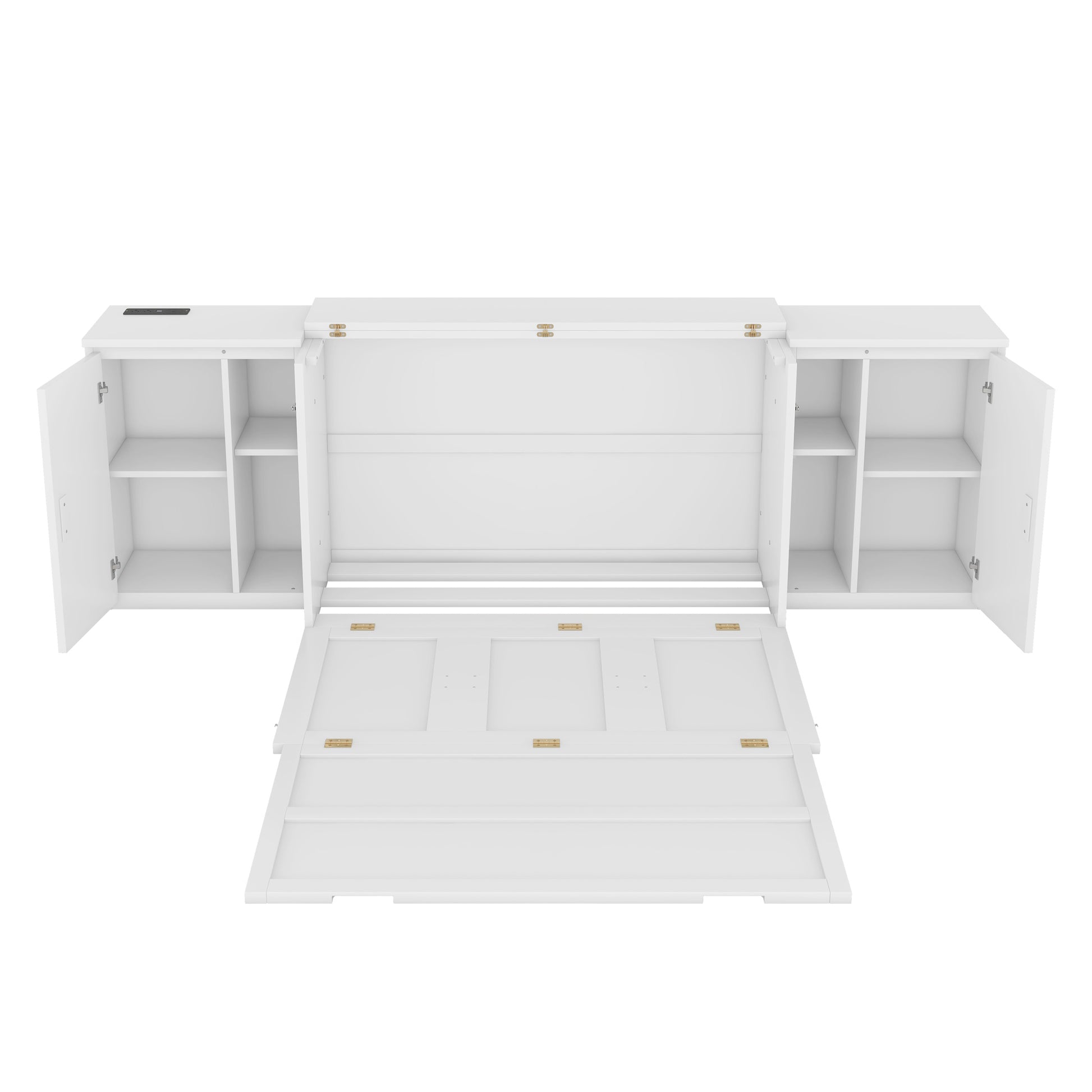 Full Size Murphy Bed With Shelves, Cabinets And Usb Ports,White White Mdf Lvl