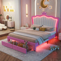 Full Size Upholstered Bed Frame With Led Lights, Modern Upholstered Princess Bed With Crown Headboard, 2 Drawers, Pink White Box Spring Not Required Full Pink White Wood Bathroom Modern Bed Frame Pu