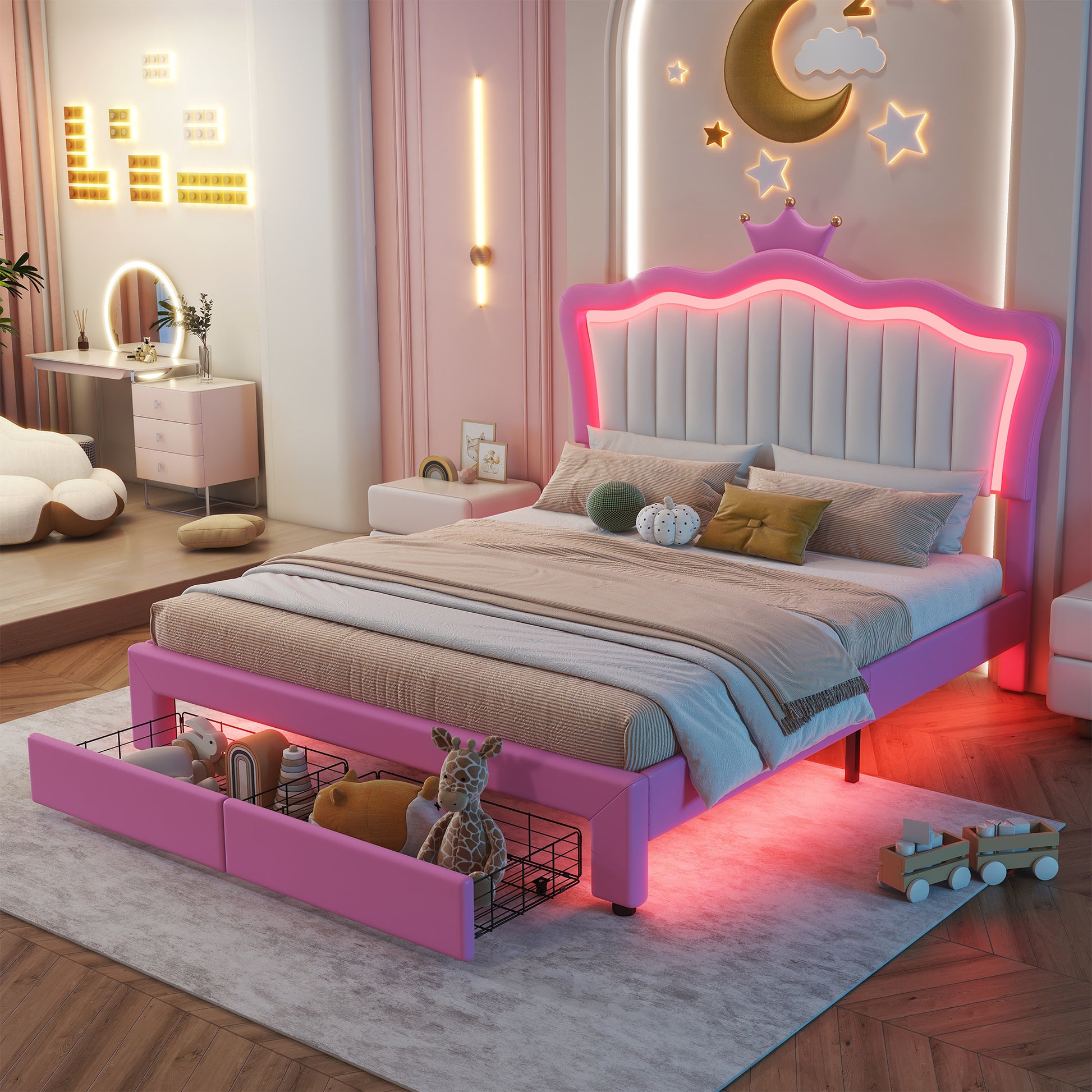 Full Size Upholstered Bed Frame With Led Lights, Modern Upholstered Princess Bed With Crown Headboard, 2 Drawers, Pink White Box Spring Not Required Full Pink White Wood Bathroom Modern Bed Frame Pu