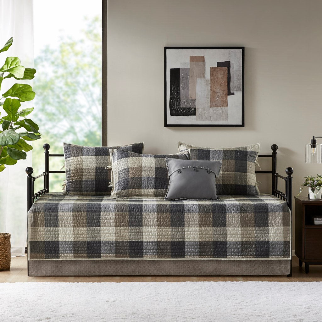 6 Piece Reversible Plaid Daybed Cover Set Neutral Daybed Multicolor Polyester