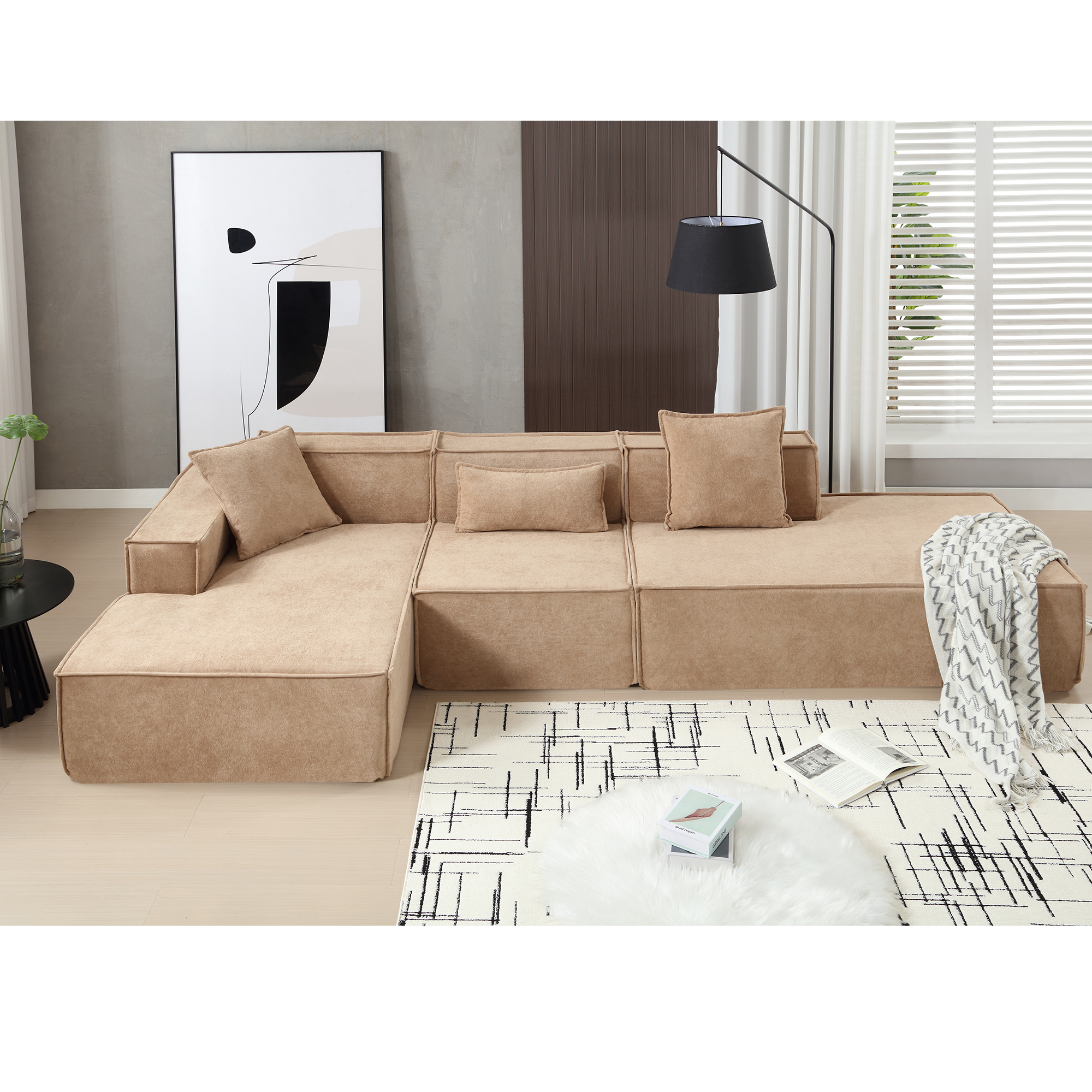 Modular Combination Living Room Sofa Set, Modern Minimalist Sofa, Free Installation Sofa, L Shaped, Italian Minimalist Tofu Block Sofa, Left Hand Facing,Terrycloth Fabric, Light Brown Light Brown Polyester Primary Living Space Soft Modern Polyester 3