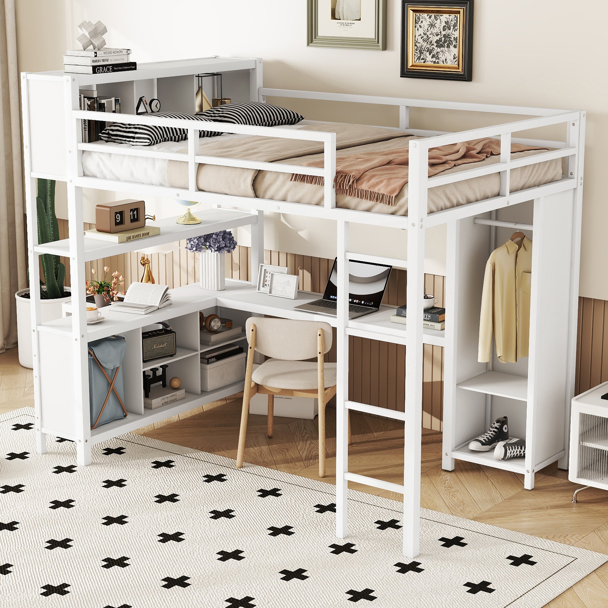 Metal Loft Bed With Wardrobe And L Shaped Desk, Full Size Loft Bed With Storage Cubes And Shelves, Heavy Duty Loft Bed For Kids Teens Adults, White Pre Sale Date: August 10Th Full Off White Metal