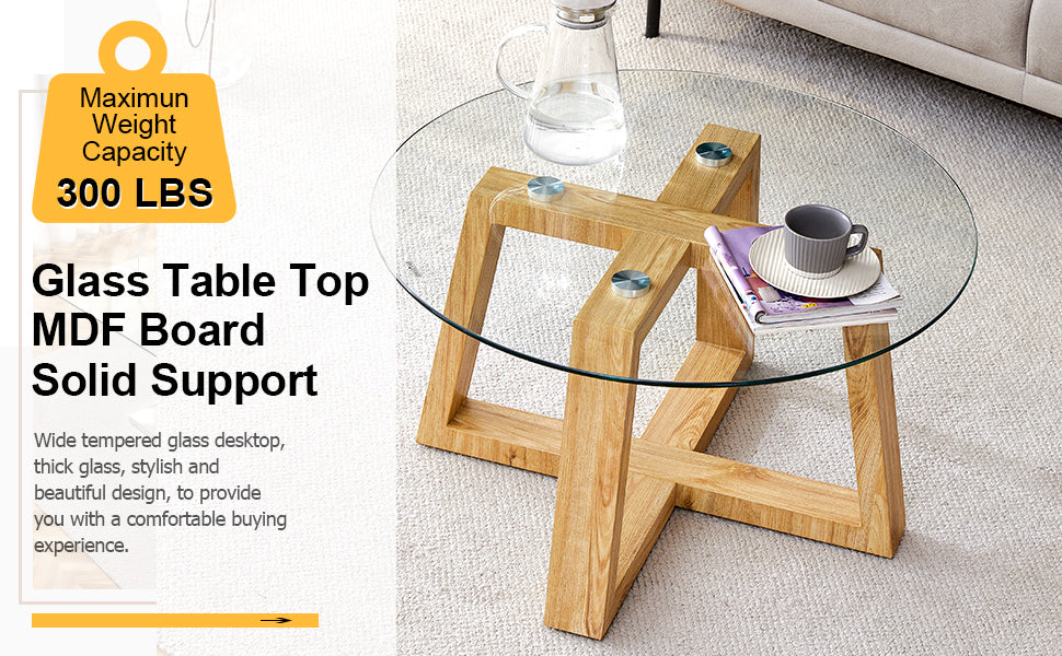 Modern Practical Circular Coffee Tables. Made Of Transparent Tempered Glass Tabletop And Wood Colored Mdf Material. Suitable For Living Rooms And Bedrooms.31.5"*31.5"*17.7" Transparent Glass