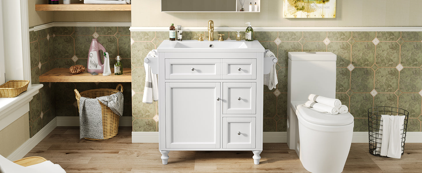 30'' Bathroom Vanity With Top Sink, Modern Bathroom Storage Cabinet With 2 Drawers And A Tip Out Drawer, Single Sink Bathroom Vanity Same As Sw000143Aak White Bathroom Modern Solid Wood Mdf Resin
