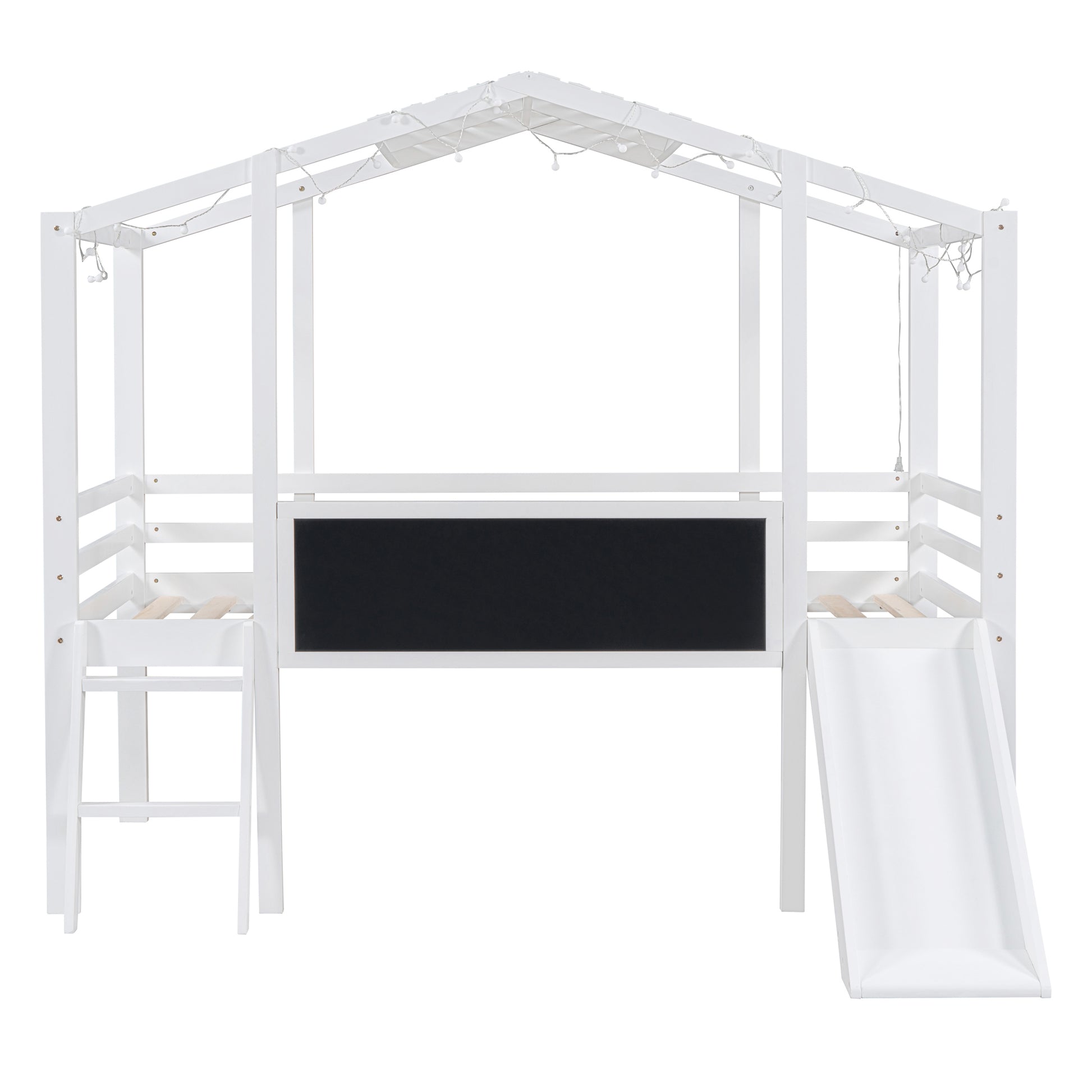 Twin Size Loft Bed With Ladder And Slide, House Bed With Blackboard And Light Strip On The Roof, White Twin White Solid Wood Mdf