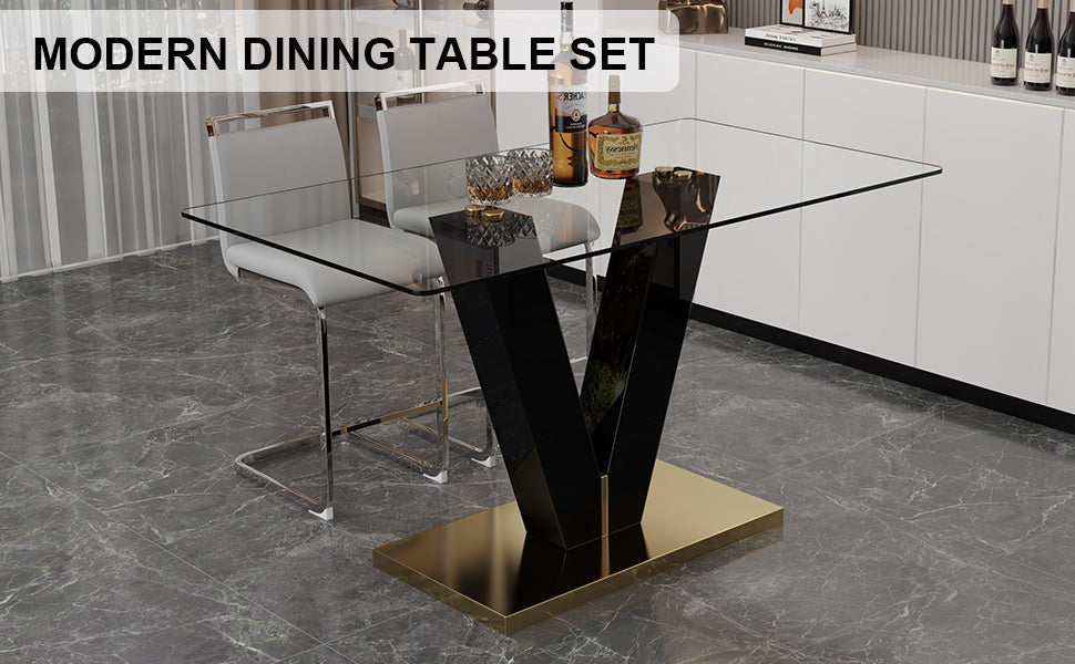 Table And Chair Set. A Rectangular Glass Dining Table With A 0.4 Inch Tempered Glass Tabletop And Mdf Board V Shaped Bracket, Paired With 2 Chairs Consisting Of Pu Seat Cushions And Silver Metal Legs. Black Gray Seats 2 Tempered Glass