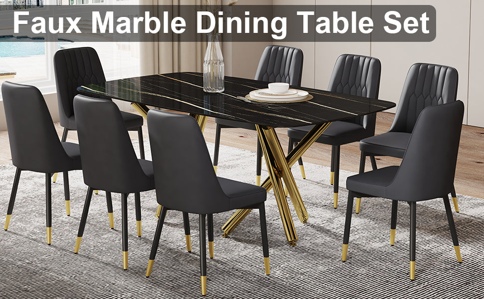 Large Modern Minimalist Rectangular Dining Table With 0.39 "Imitation Marble Black Desktop And Gold Metal Legs, Paired With 8 Chairs With Pu Cushions And Black Metal Legs.F 1538 C 007 Black Gold Glass Metal
