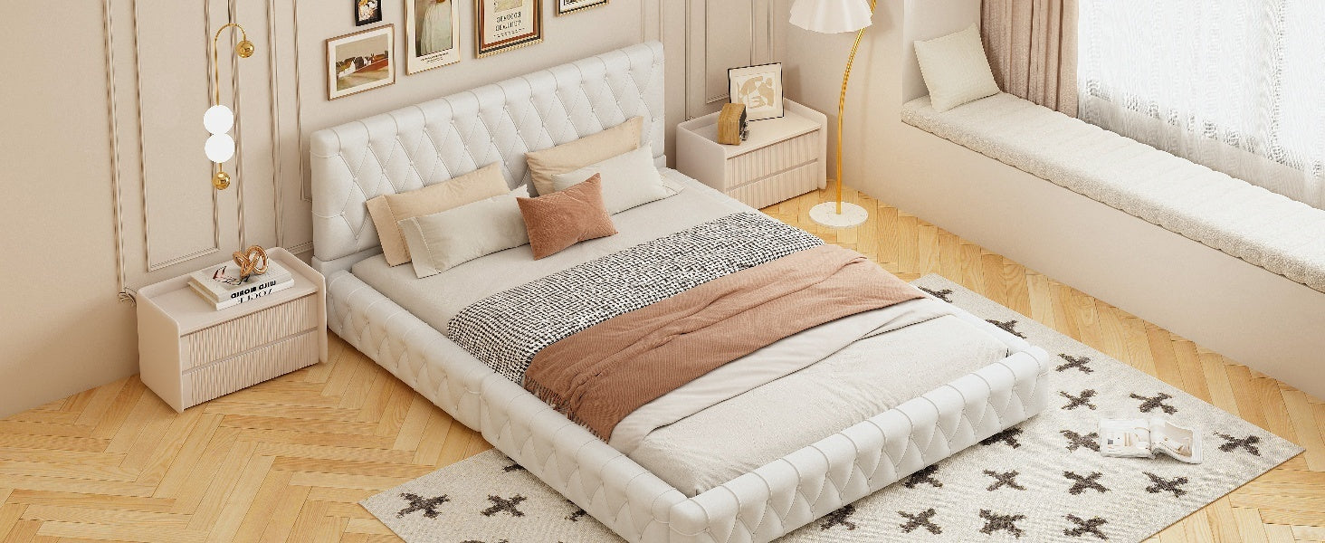 Queen Size Upholstered Bed With Tufted Headboard, Modern Velvet Platform Bedno Box Spring Required, White Queen White Solid Wood Mdf