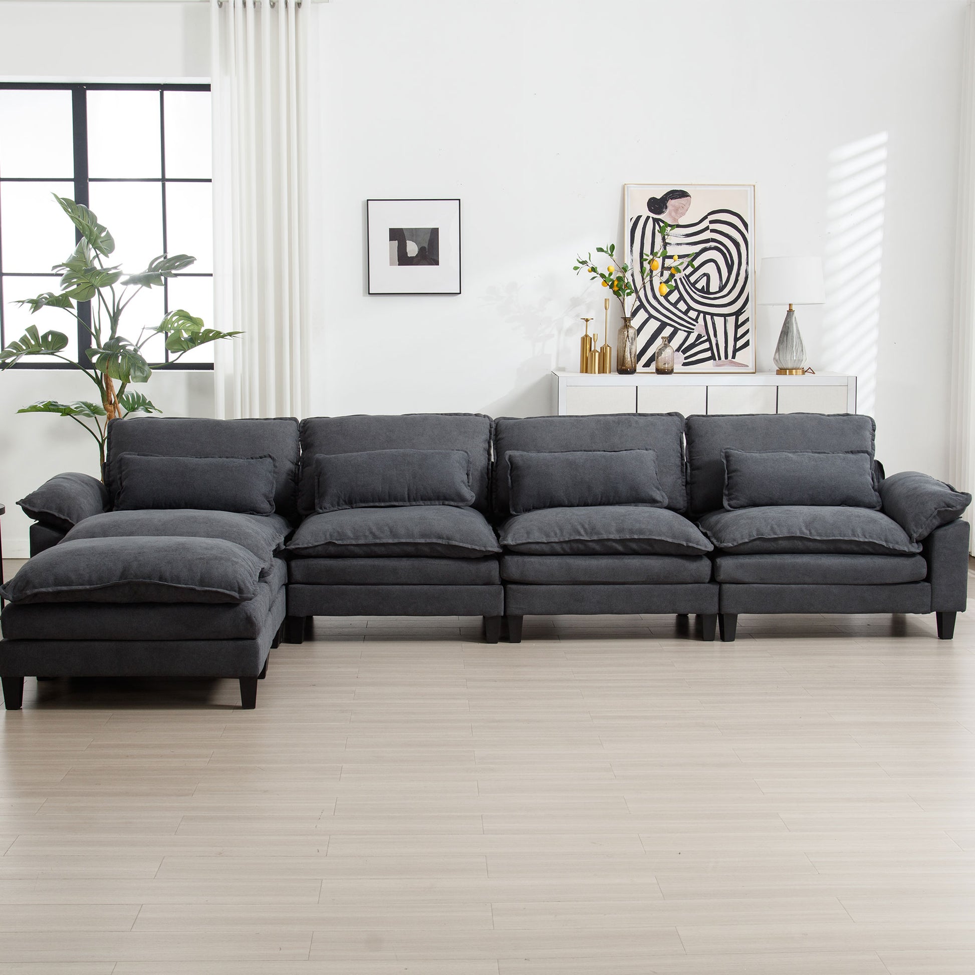 154.8" Oversized Modular Sofaice Velvet Large U Shaped Couch Comfy Upholstered 4 Seat Sofa With 2 Ottoman, 4 Lumbar Pillow, Deep Seat Couch For Living Room Dark Gray Primary Living Space Modern Foam Polyester 6 Seat