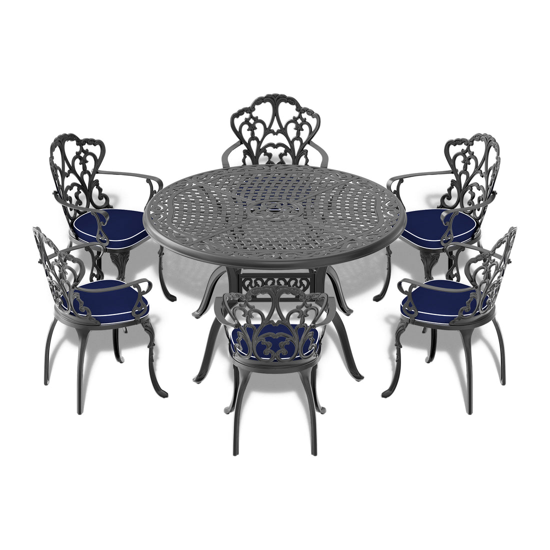 Cushions In Random Colors 7 Piece Set Of Cast Aluminum Patio Furniture With Cushions Yes Dining Set Black Seats 6 Rust Resistant Frame Water Resistant Cushion Garden & Outdoor Complete Patio Sets Aluminium