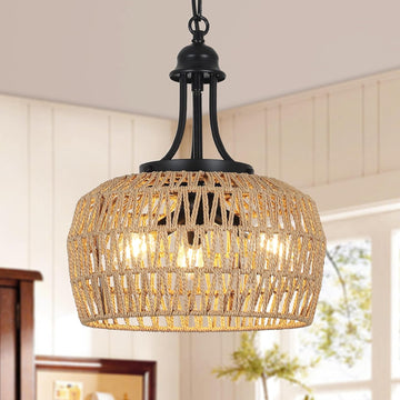 Farmhouse Chandelier For Dining Room, 3 Light Boho Rattan Chandelier Light Fixture Ceiling Hanging With Woven Lampshade, Small Wicker Coastal Pendant Light For Kitchen Bedroom Island Hallway Brown Black Rattan Metal