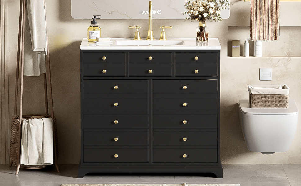 36'' Bathroom Vanity With Resin Sink Combo, Solid Wood Frame Bathroom Storage Cabinet, Freestanding Vanity Set With 2 Drawers& Soft Closing Doors, Black Black Bathroom Solid Wood Mdf Resin