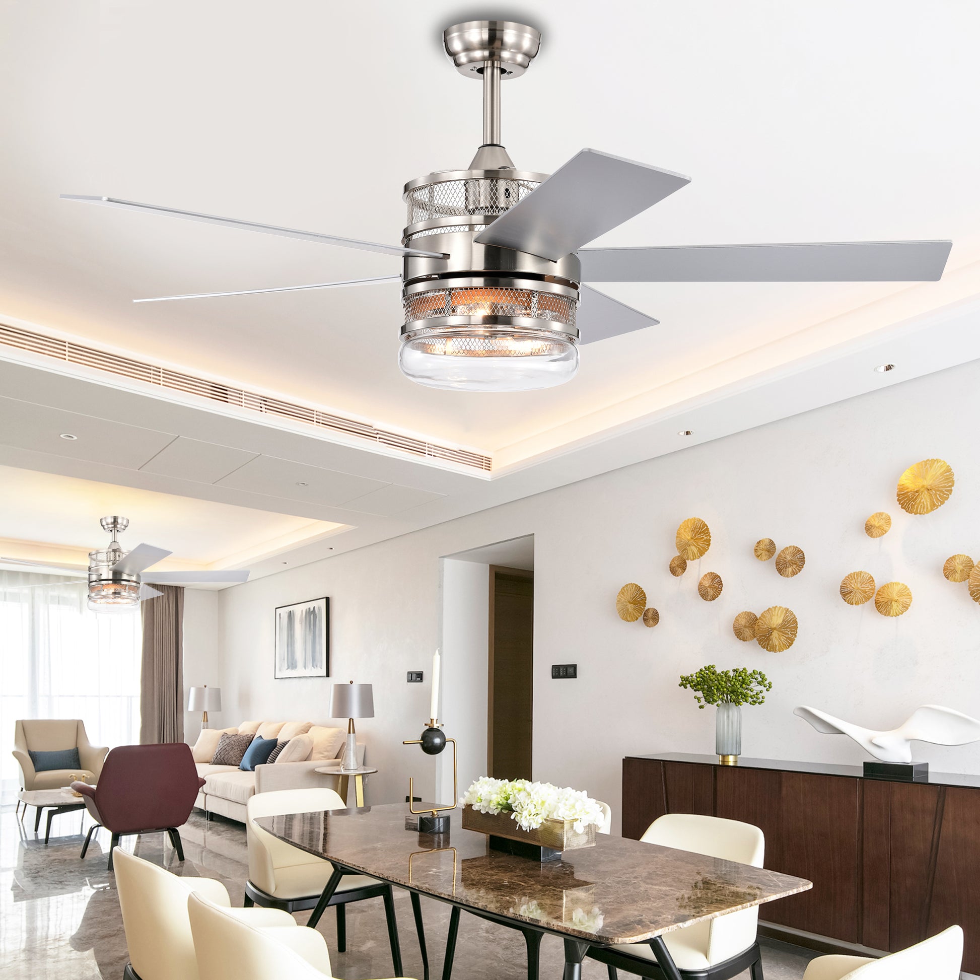 52 Inch 5 Blade Plywood Blades Ceiling Fan ,Dual Lamp Shade Ceiling Fan With Remote Control Optional Remote Satin Nickel Nickel American Design,American Traditional,Classic,Contemporary,Farmhouse Plywood Metal