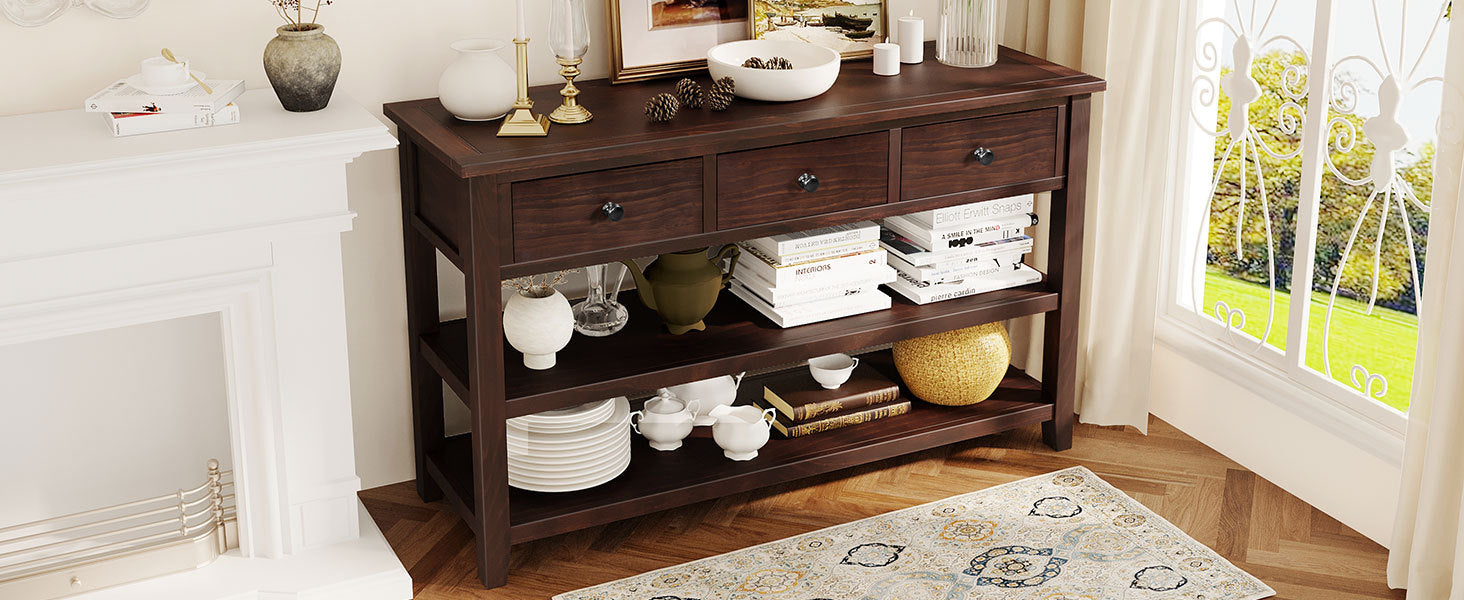 Retro Design Console Table With Two Open Shelves, Pine Solid Wood Frame And Legs For Living Room Espresso Espresso Solid Wood Mdf