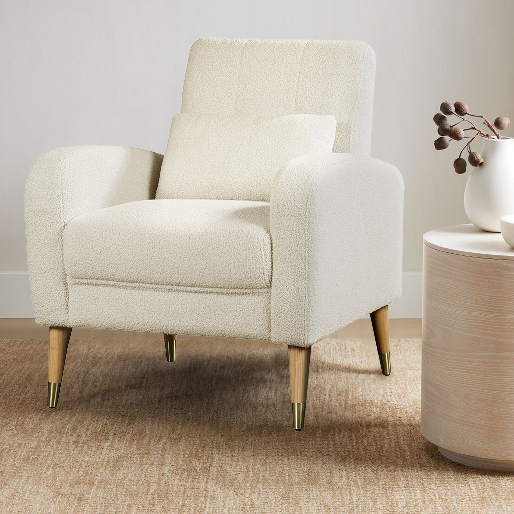 Mid Century Modern Accent Chair, Upholstered Armchair Living Room Chair, Comfy Single Sofa Chair With Metal Legs, Polyester Fabric Chair For Living Room Bedroom White Sherpa