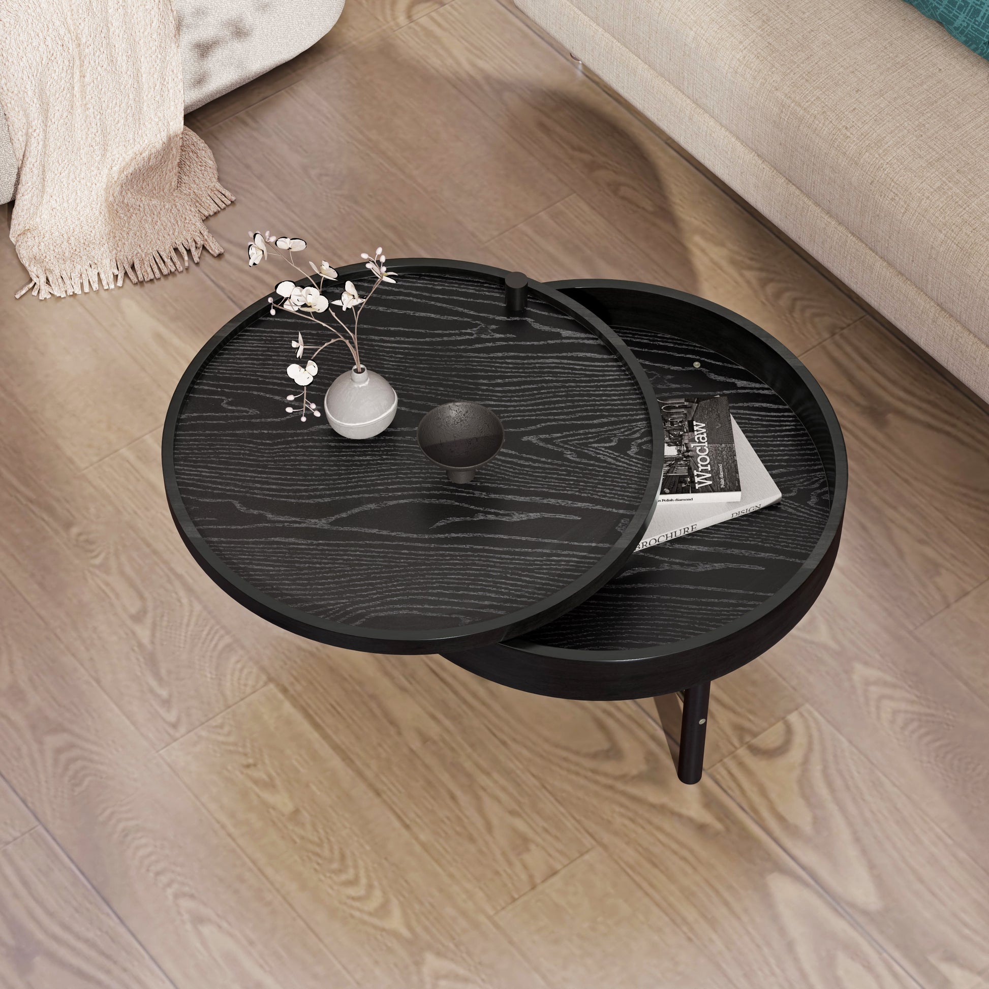 Modern Round Wood Rotating Tray Coffee Table With Storage & Metal Legs In Black Black Metal,Rubber Wood