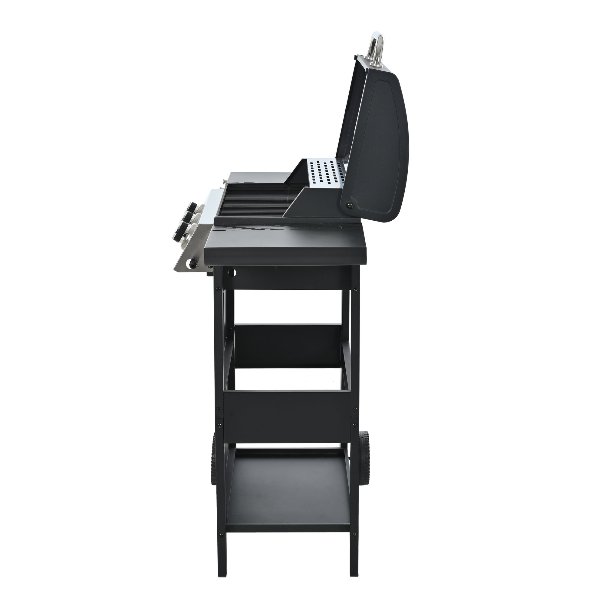 Propane Gas Grill 4 Burner Barbecue Grill, Stainless Steel 34,000 Btu Patio Garden Barbecue Grill With Two Shelves, Lid, Wheels And Bottle Opener Black Iron