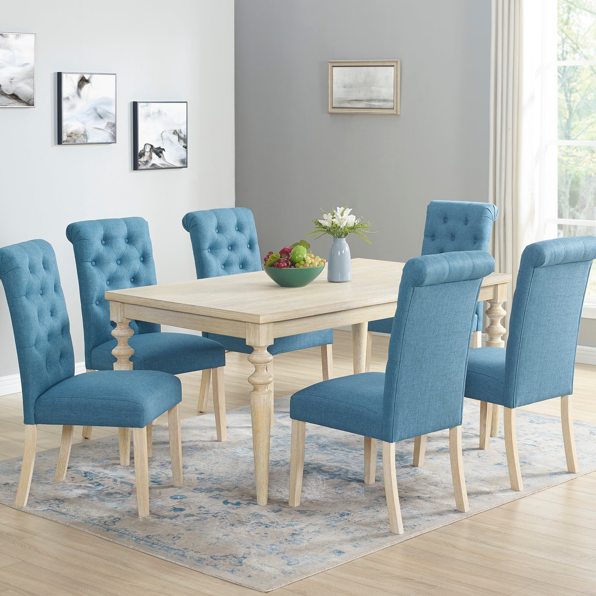 Amonia 7 Piece Dining Set, Turned Leg Dining Table With 6 Tufted Chairs Light Brown Wood Dining Room Fixed Table Rubberwood Rectangular Dining Table With Chair Wood Wood Beige Brown Seats 6 Rectangular 4 Leg Mdf