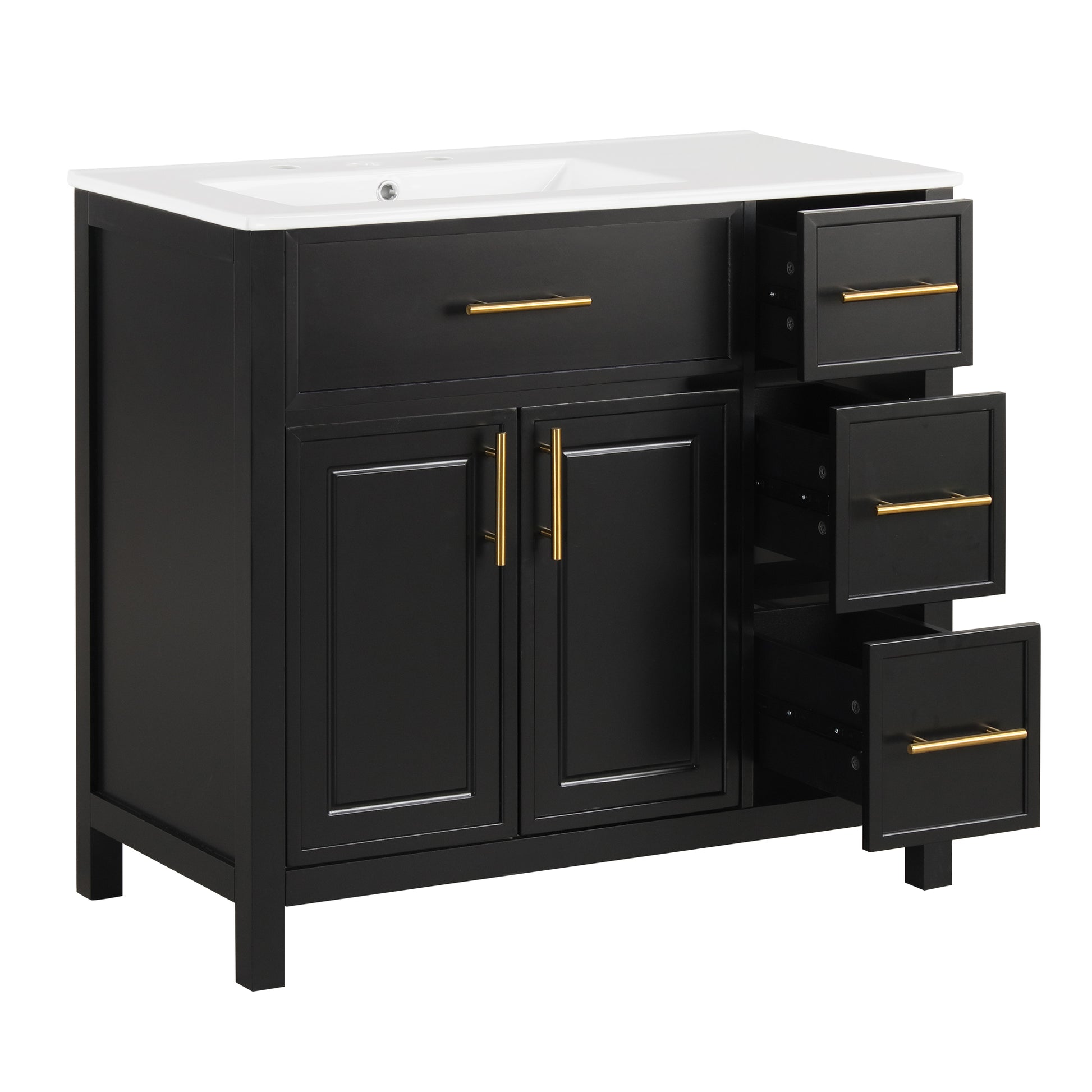 36" Bathroom Vanity With Sink Top, Bathroom Vanity Cabinet With Two Doors And Three Drawers, Solid Woodmdf Boards ,One Package, Black Black Solid Wood Mdf