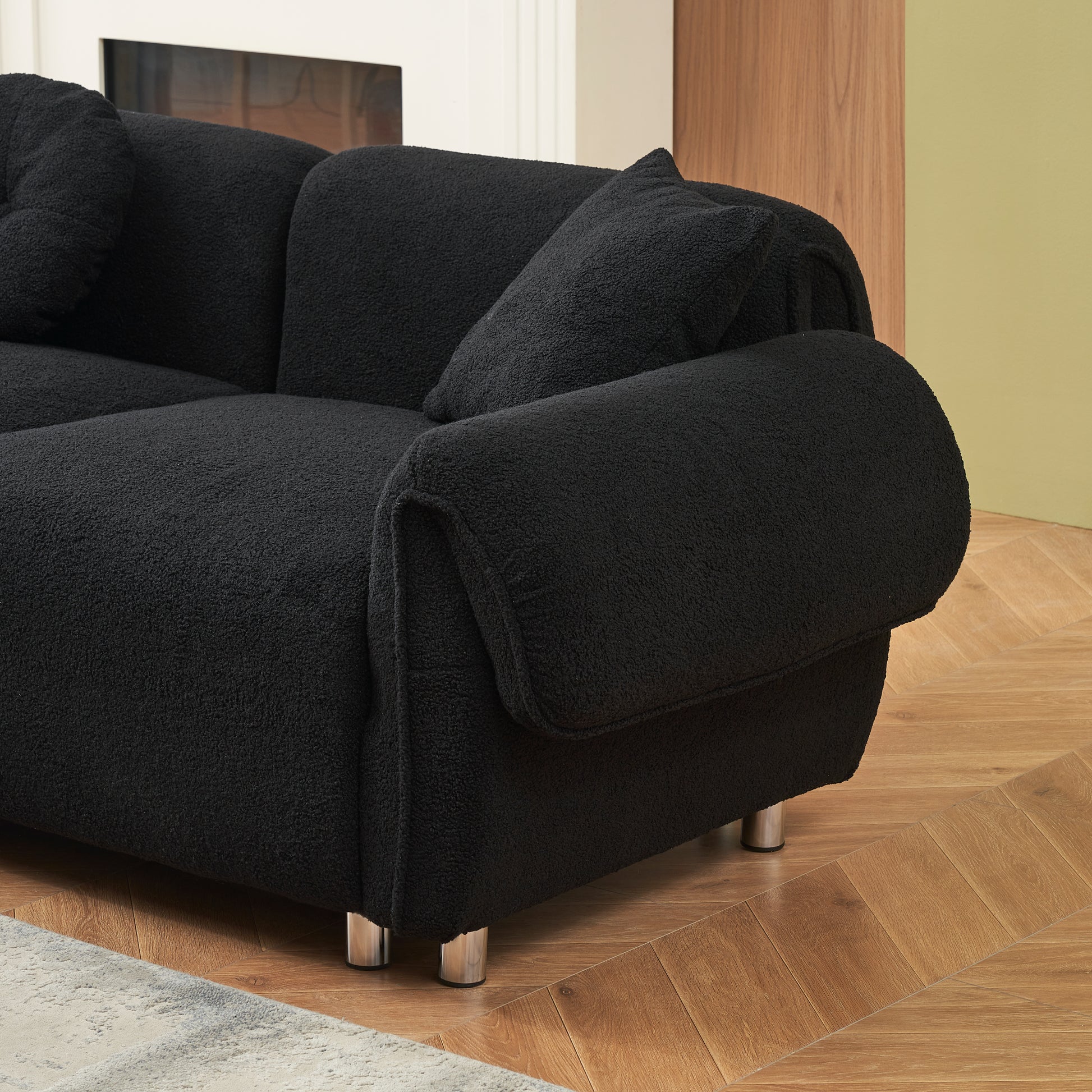 24005 Black Teddy Velvet Fabric, With 3 Pillows, Three Person Sofa Can Be Placed In The Living Room And Other Scenes Black Polyester Blend 3 Seat