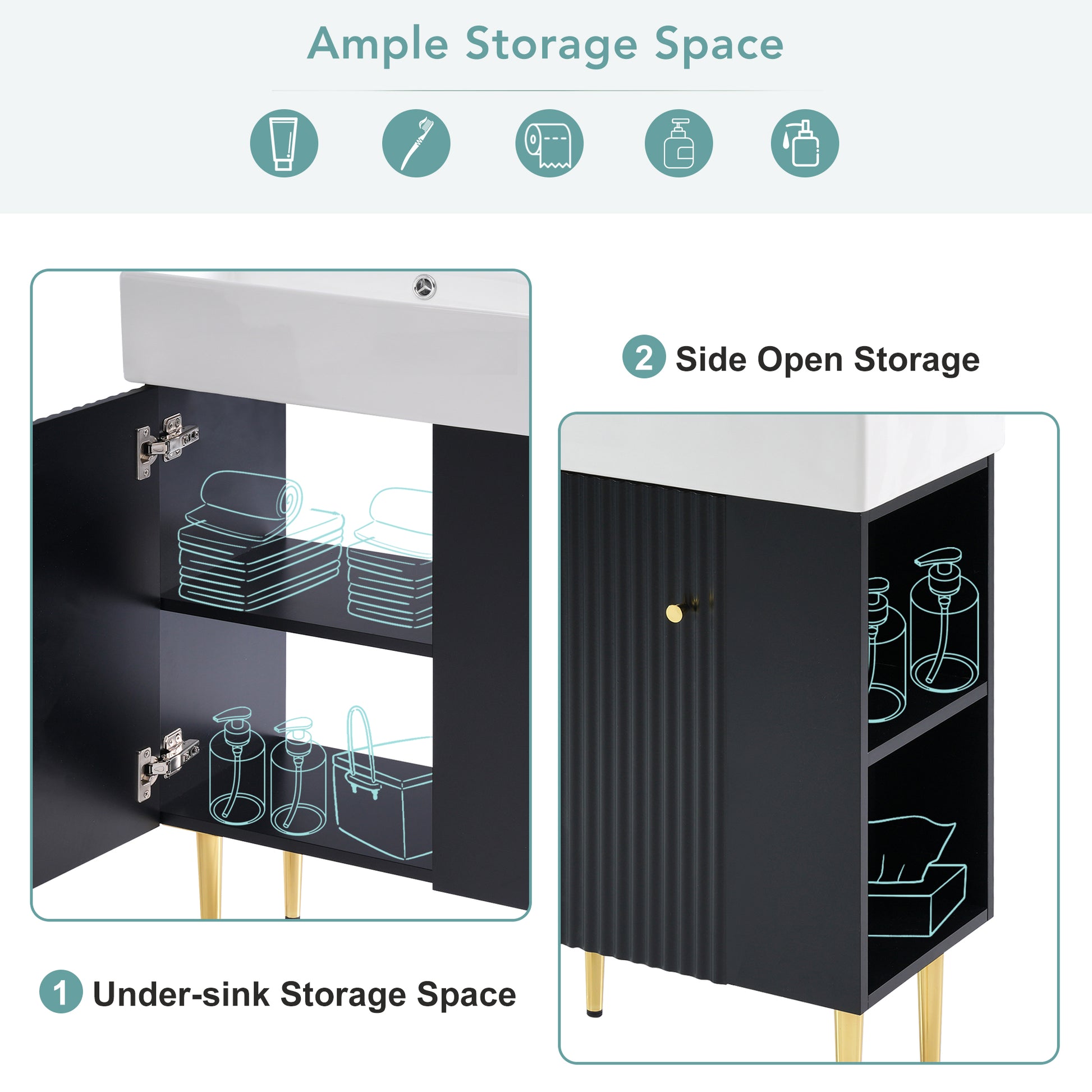 21.6" Black Bathroom Vanity, Combo Cabinet, Bathroom Storage Cabinet, Single Ceramic Sink, Right Side Storage Black Bathroom Ceramic Mdf